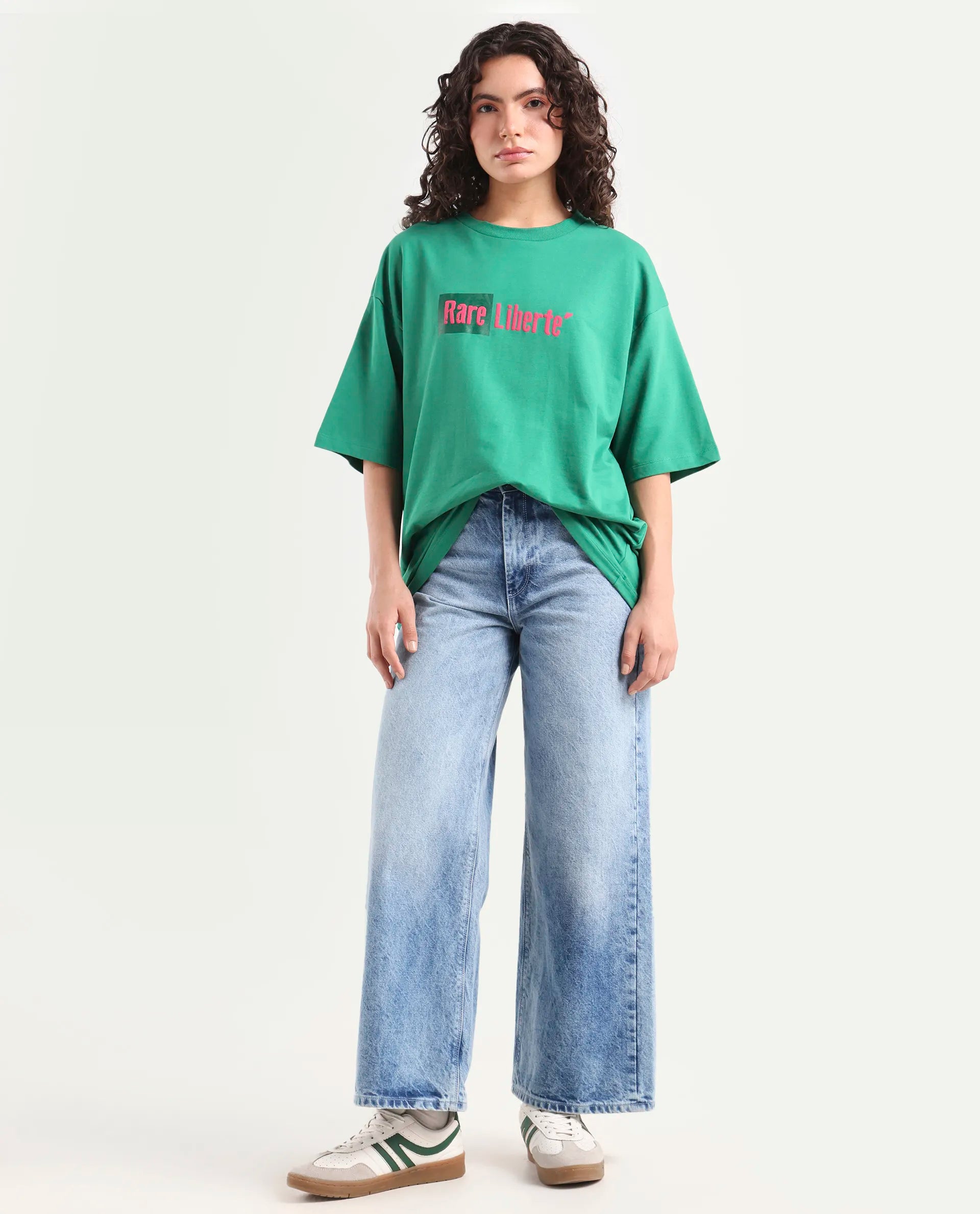 Rareism Women's Morsh Green Cotton Graphic Print Oversized T-Shirt