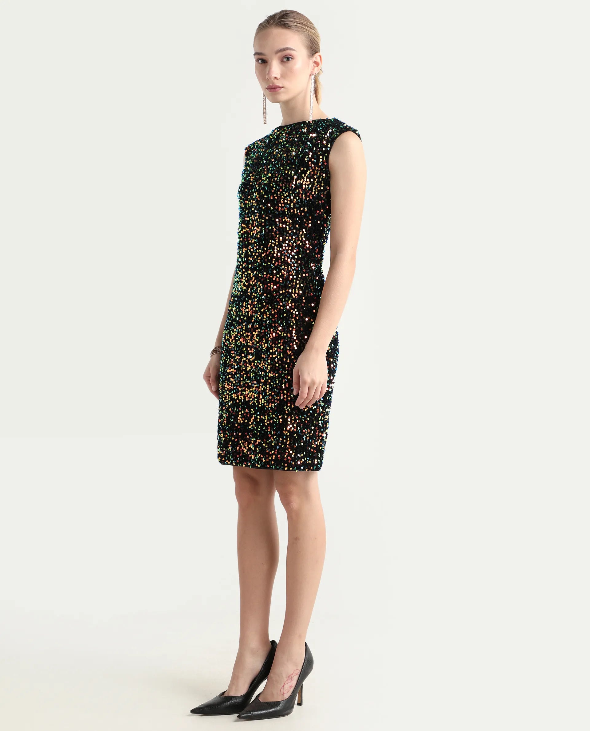 Rareism Women's Mulan Sheen Purple Polyester Crew Neck Sequined Extended Sleeves Mini Regular Fit Dress