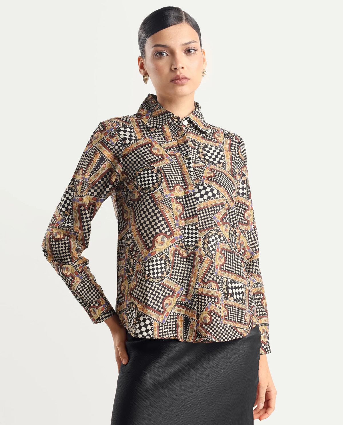 Rareism Women's Musery Multi Cotton Spread Collar Geometric Print Cuffed Sleeve Boxy Fit Top