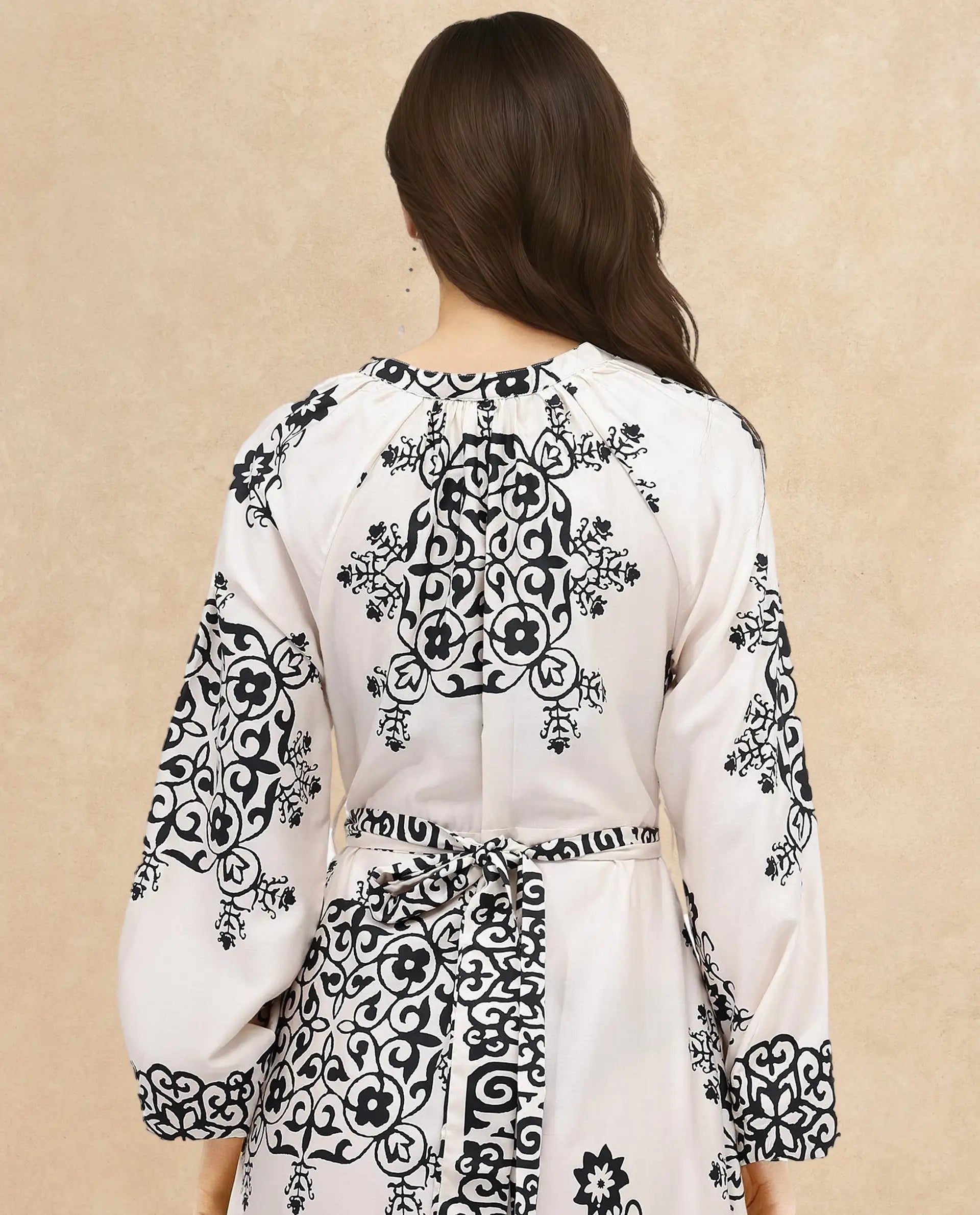 Rareism Women's Myra Off White Cotton Mandarin Collar Abstract Print Raglan Sleeve Maxi Fit And Flare Dress