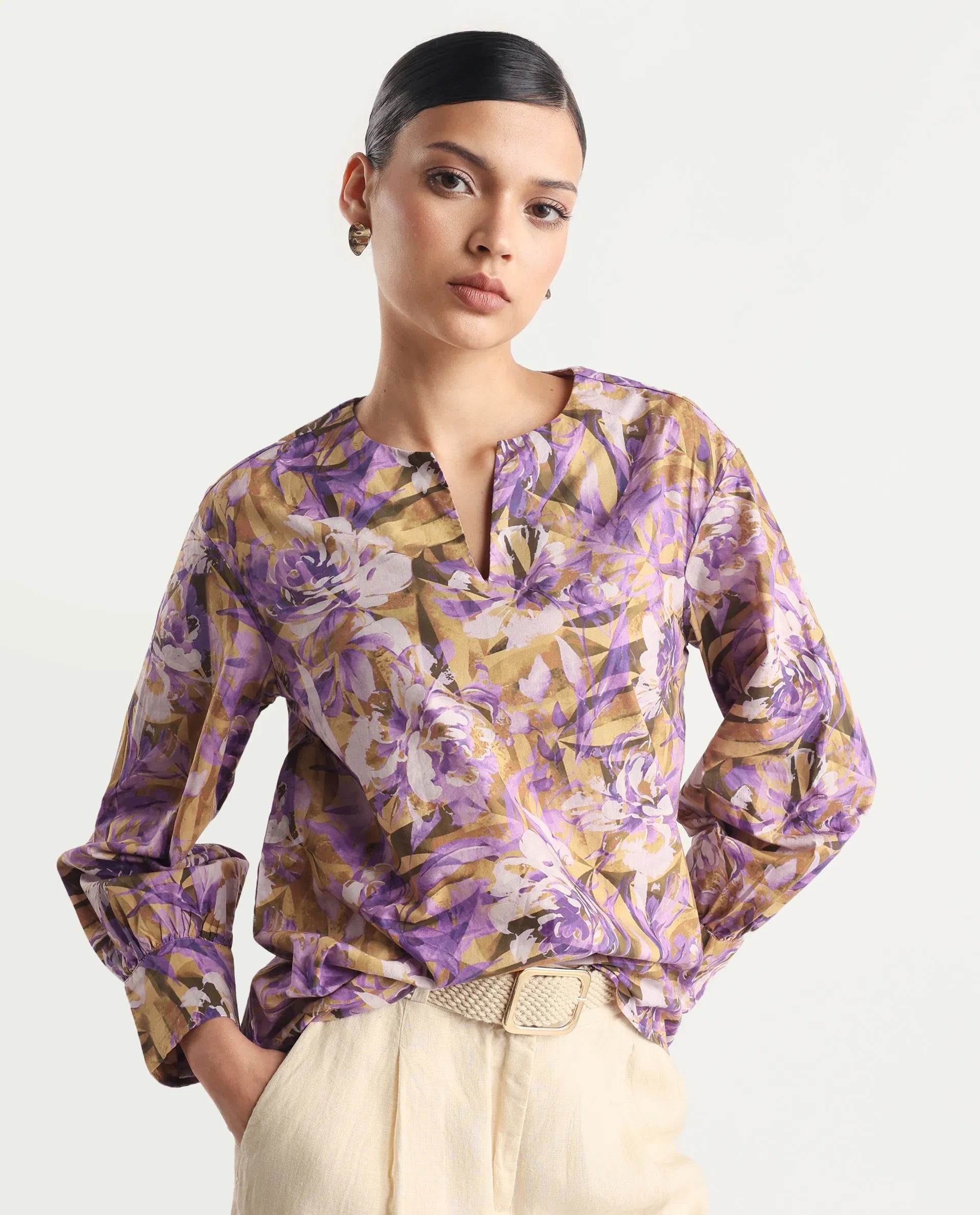 Rareism Women's Myrtong Multi Cotton Crew Neck Floral Print Cuffed Sleeve Regular Fit Top