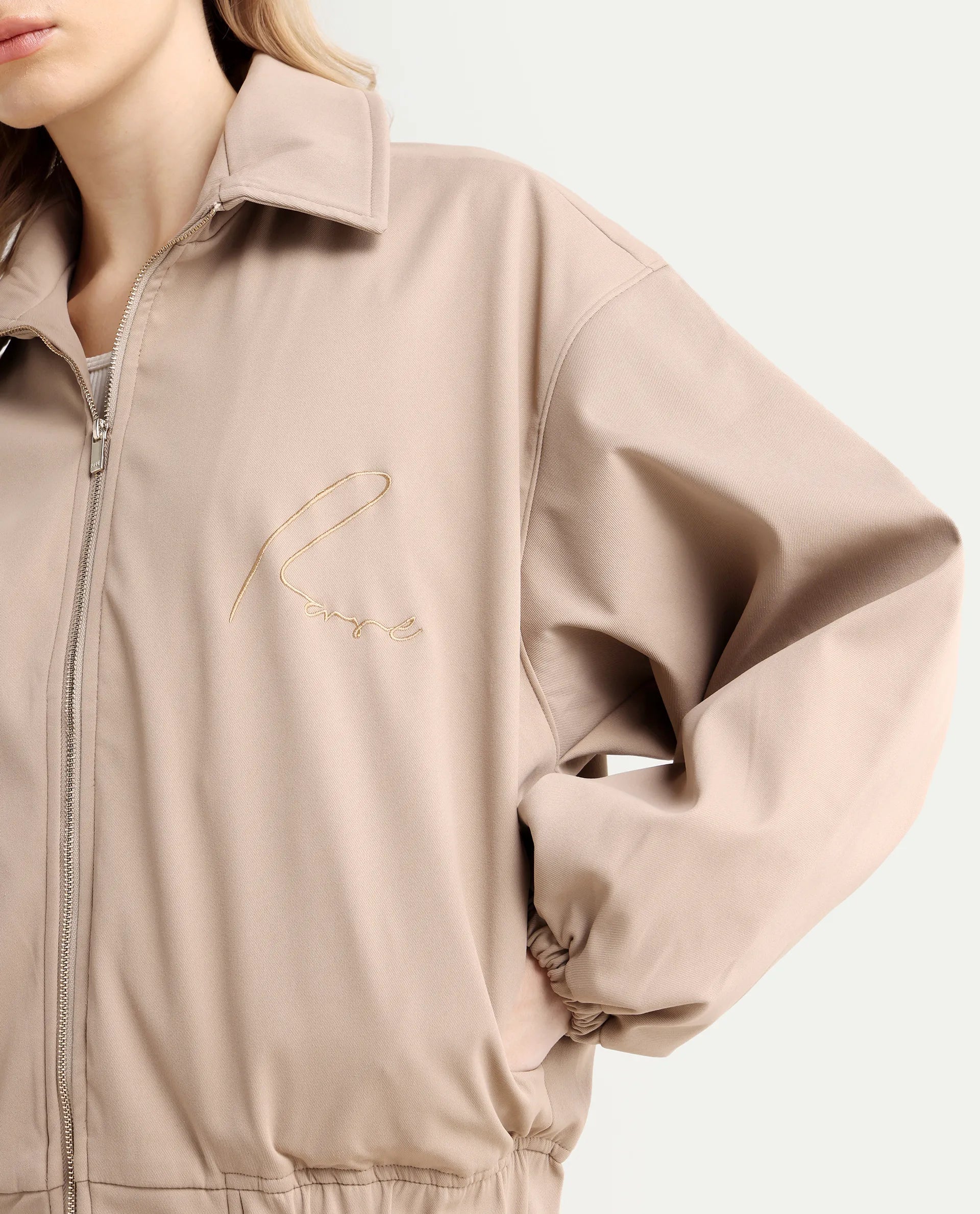 Rareism Women's Nacam Beige Polyester Collared Neck Relaxed Plain Jacket