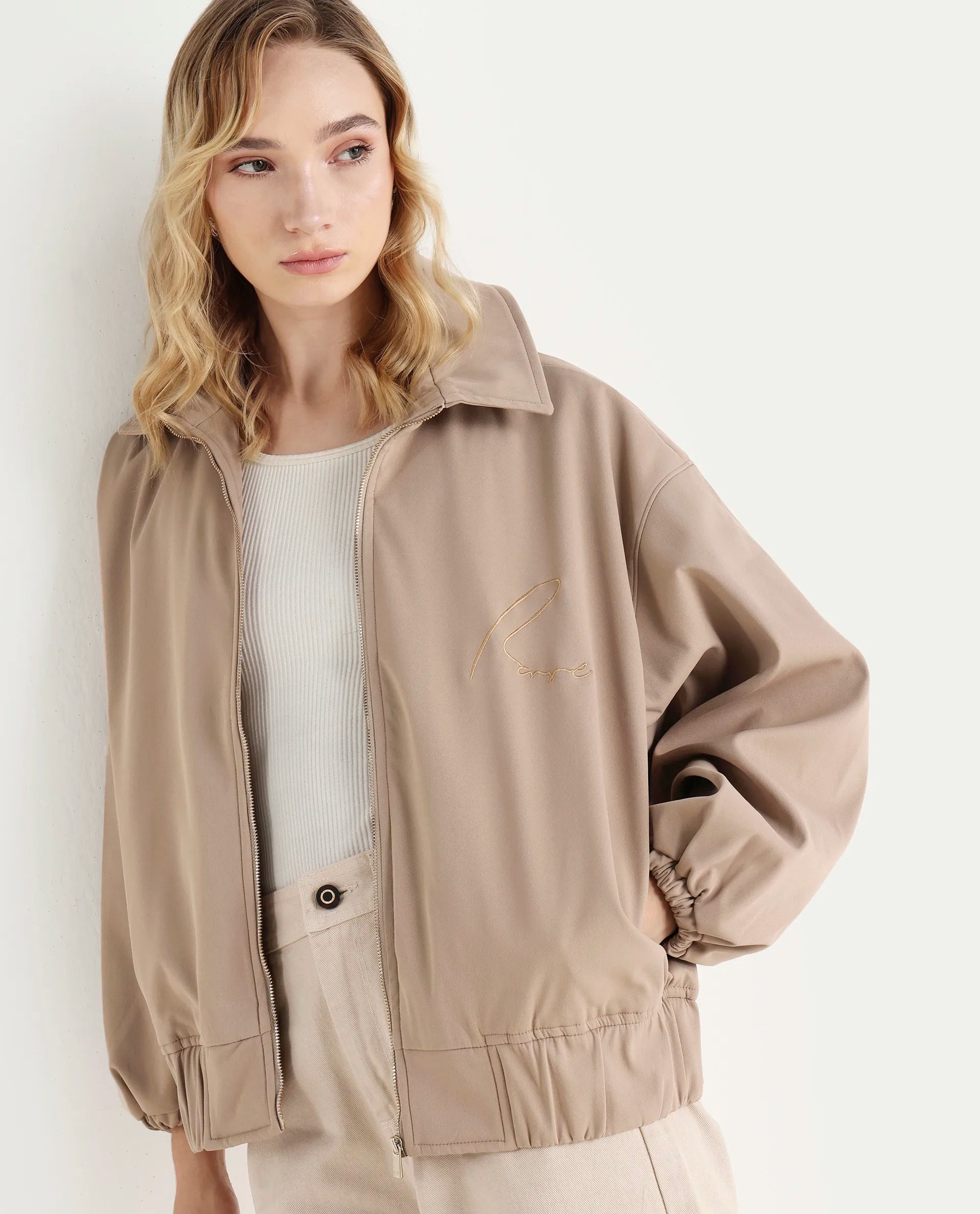 Rareism Women's Nacam Beige Polyester Collared Neck Relaxed Plain Jacket