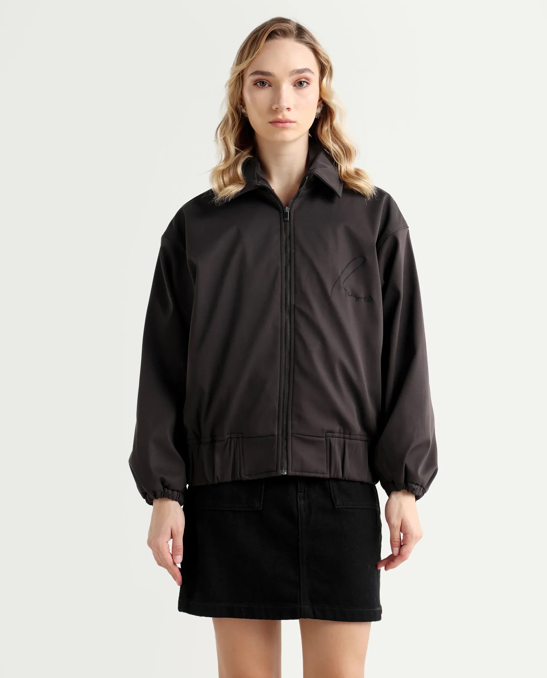 Rareism Women's Nacam Dark Grey Polyester Collared Neck Relaxed Plain Jacket