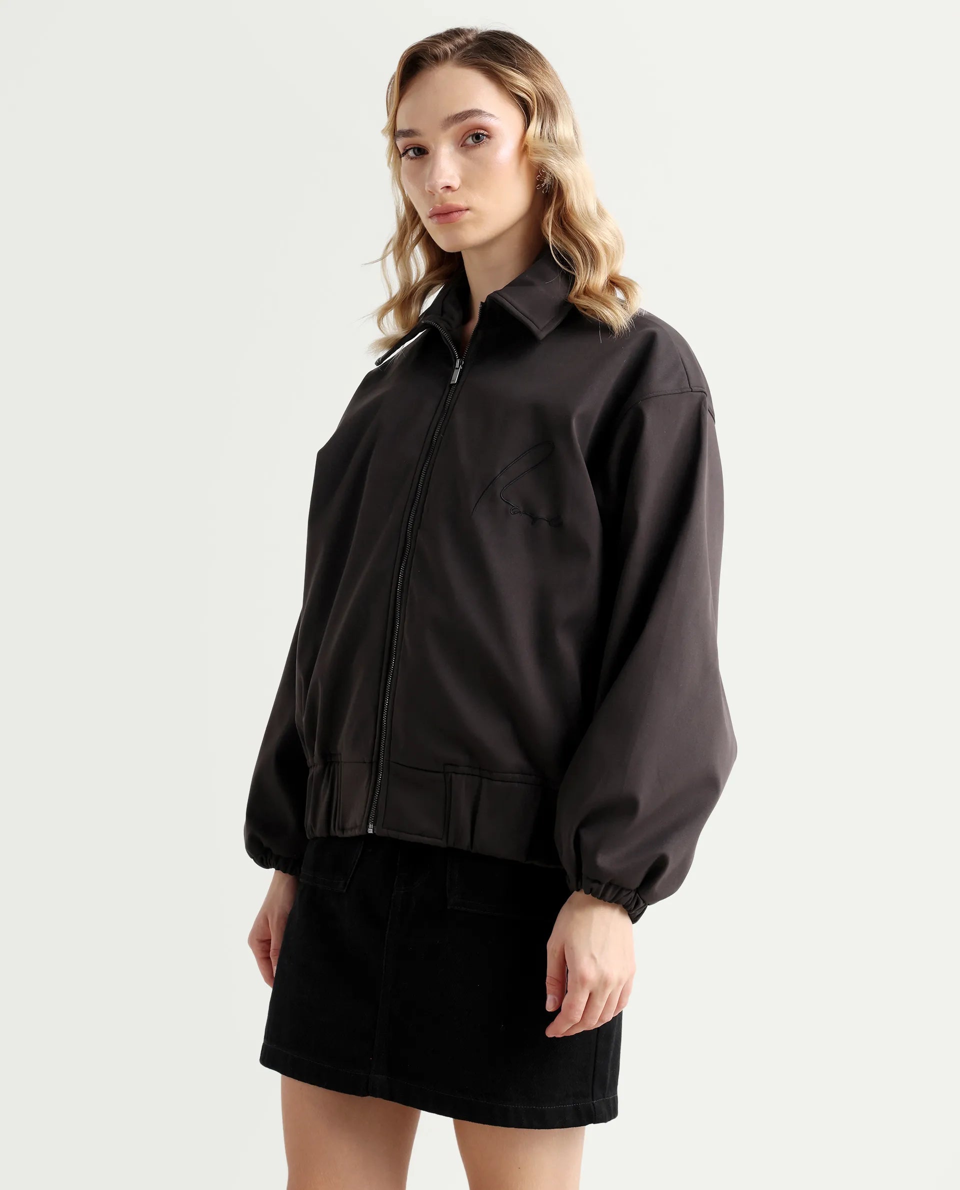 Rareism Women's Nacam Dark Grey Polyester Collared Neck Relaxed Plain Jacket
