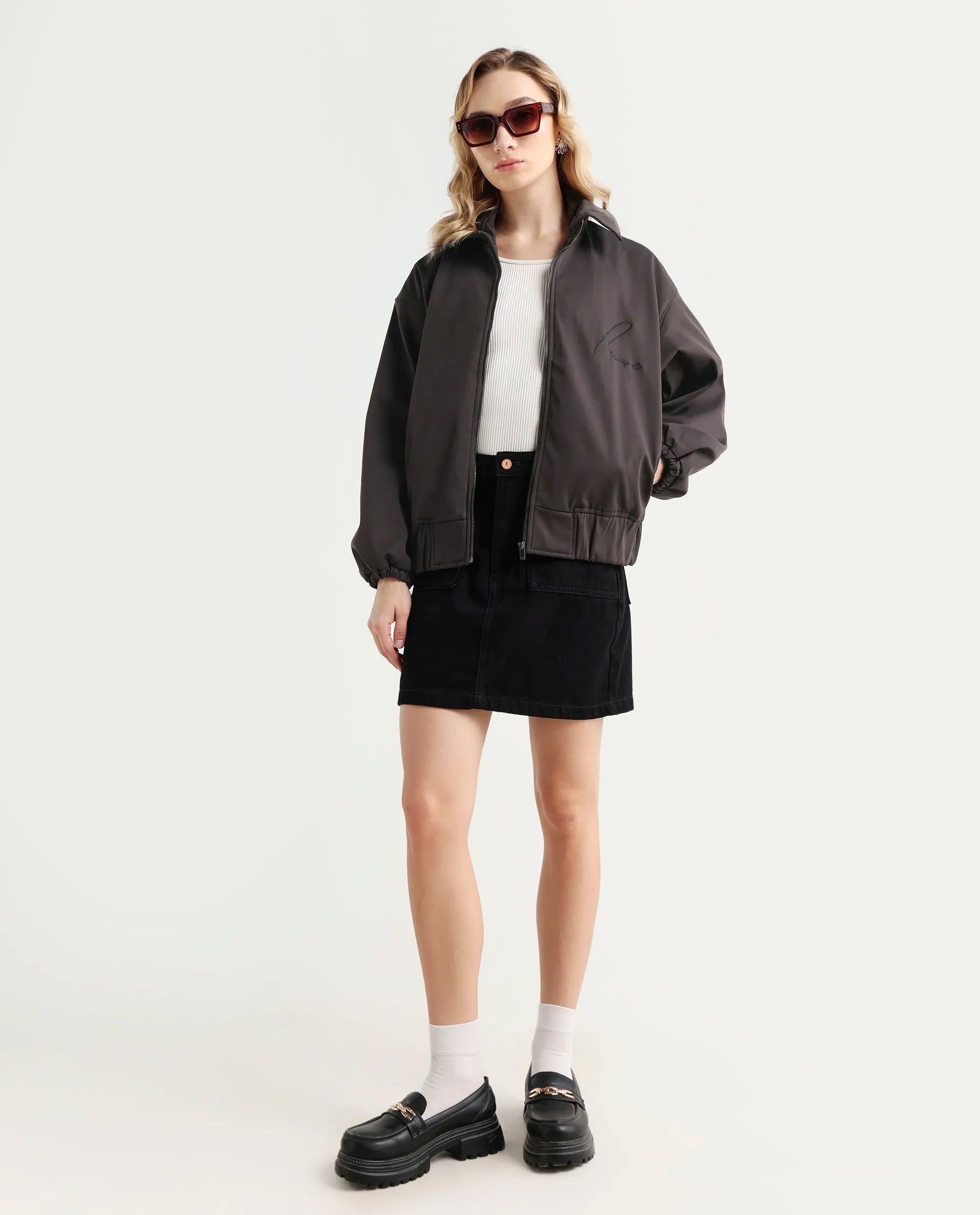 Rareism Women's Nacam Dark Grey Polyester Collared Neck Relaxed Plain Jacket