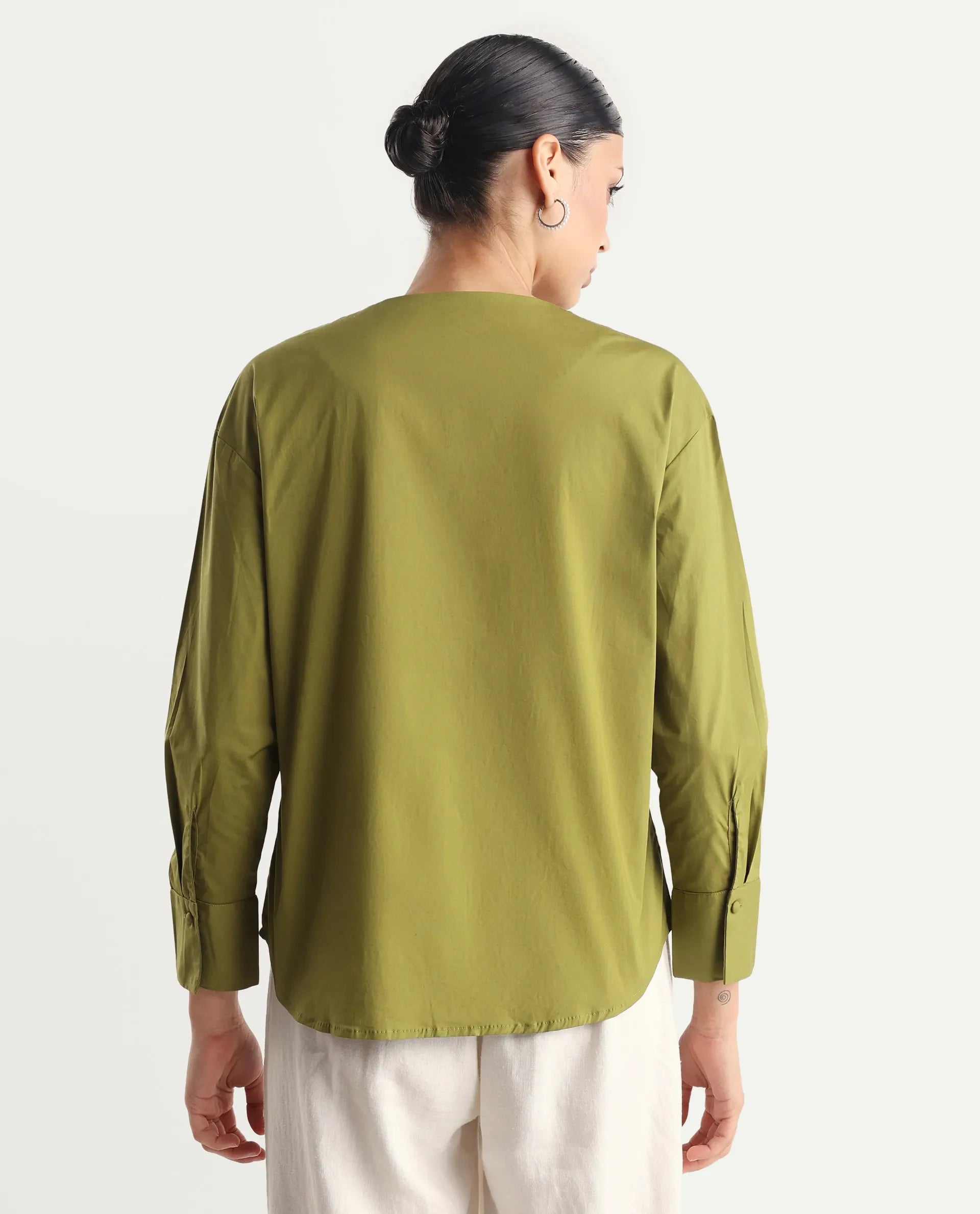 Rareism Women's Nagoya Green Cotton Blend Crew Neck Plain Cuffed Sleeve Regular Fit Top