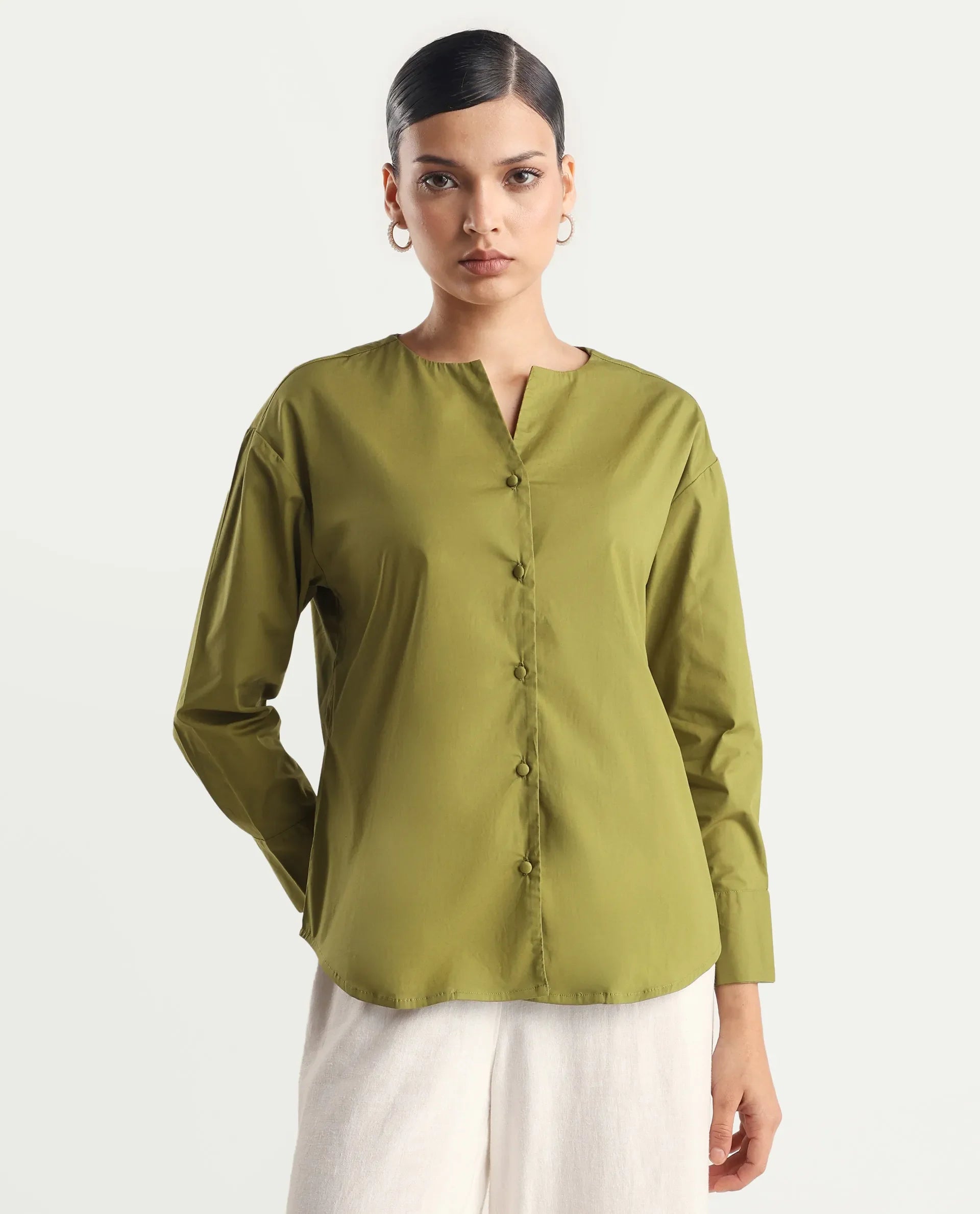 Rareism Women's Nagoya Green Cotton Blend Crew Neck Plain Cuffed Sleeve Regular Fit Top