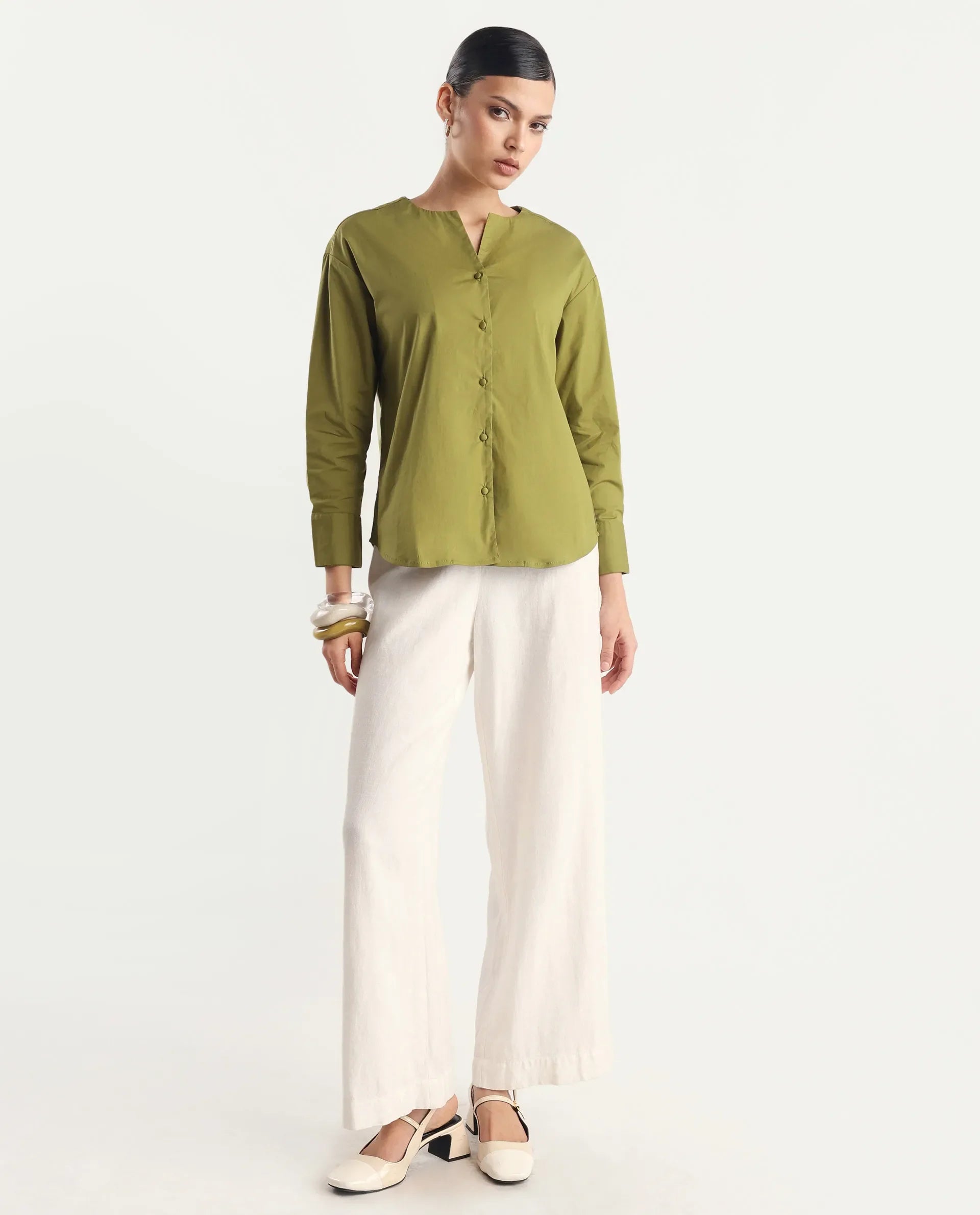 Rareism Women's Nagoya Green Cotton Blend Crew Neck Plain Cuffed Sleeve Regular Fit Top