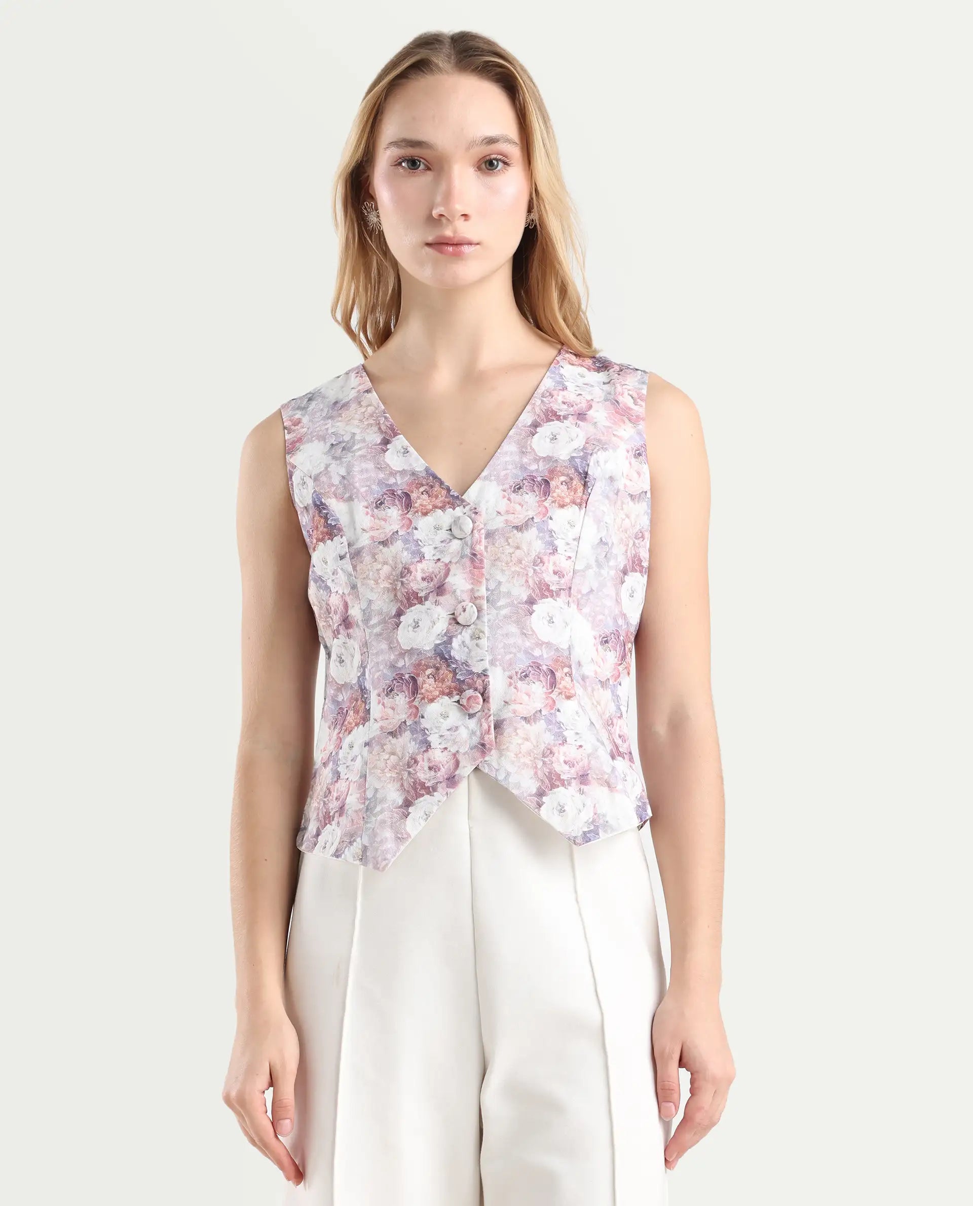 Rareism Women's Nantes Light Multi Cotton V-Neck Floral Print Sleeveless Regular Fitted Top