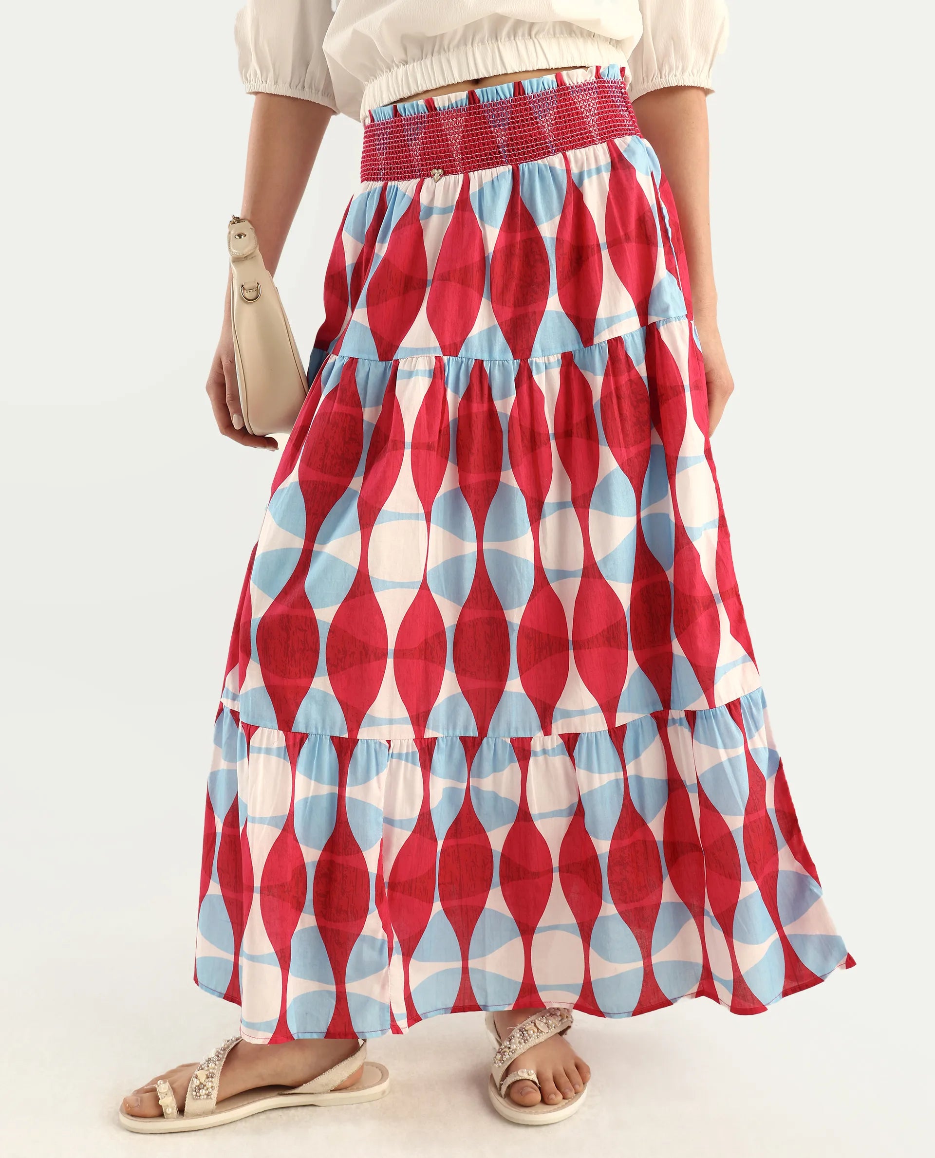 Rareism Women's Naybert Multi Cotton Geometric Print Ankle Length Flared Skirt
