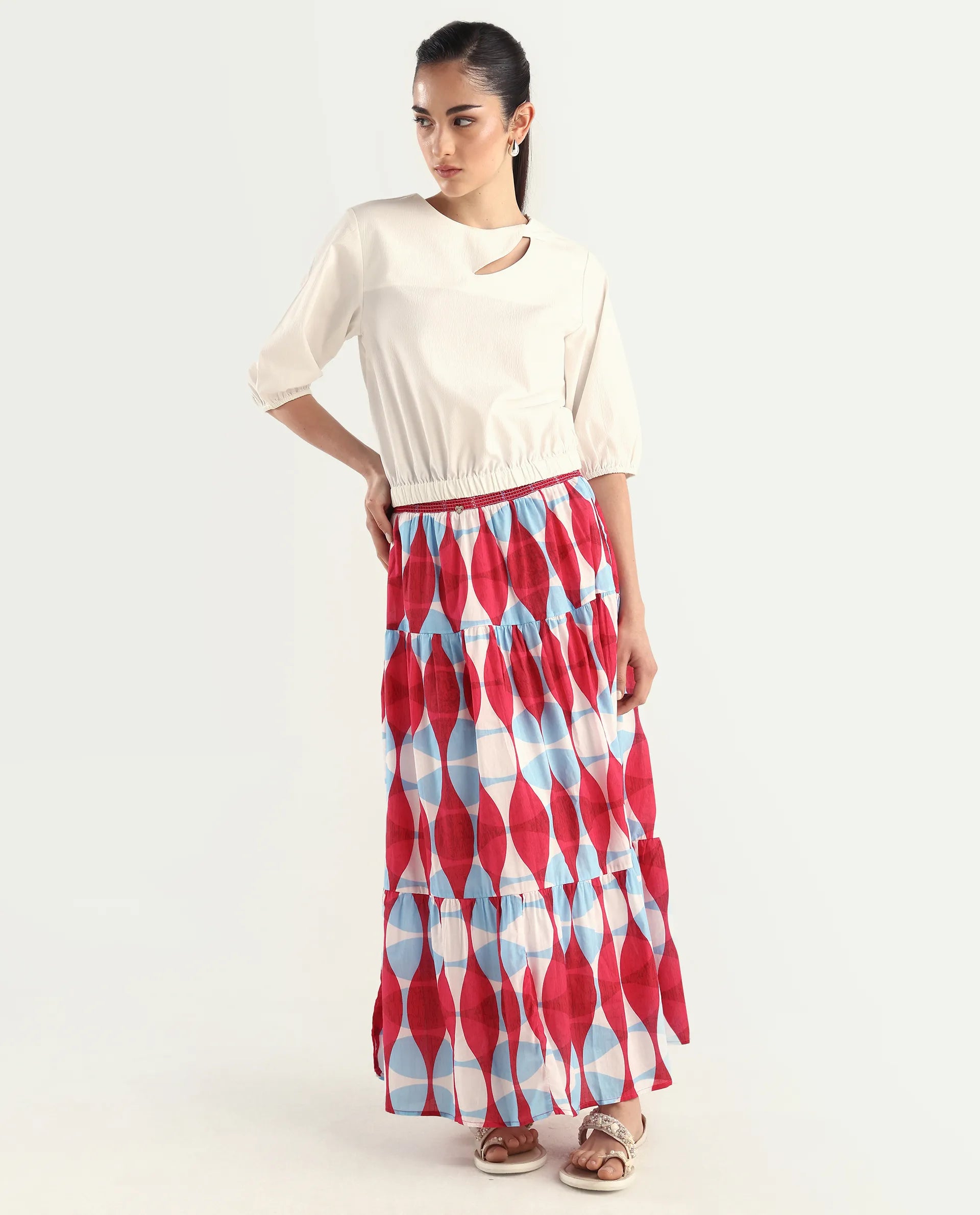 Rareism Women's Naybert Multi Cotton Geometric Print Ankle Length Flared Skirt