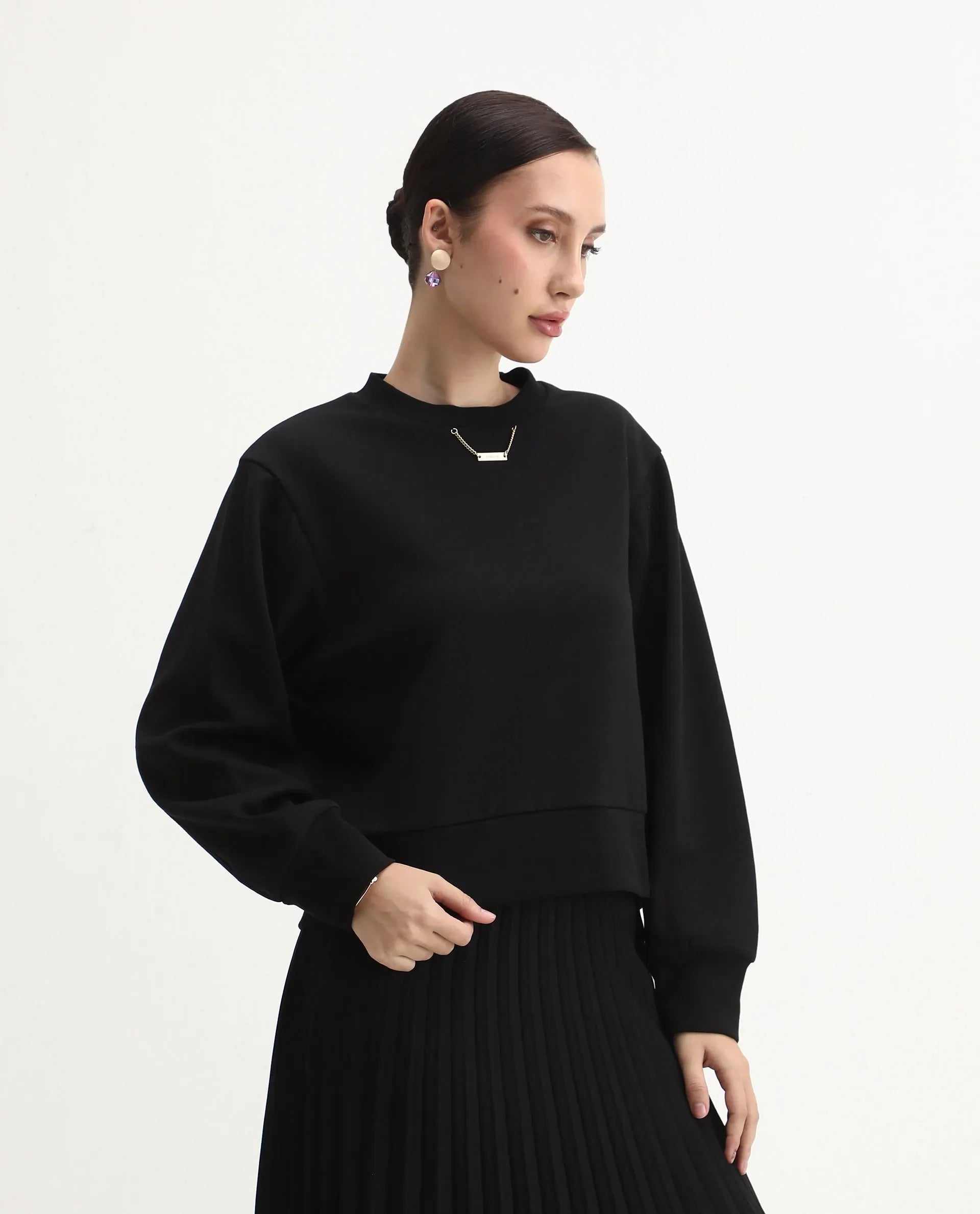 Rareism Women's Naz Black Cotton Blend Fabric Crew Neck Relaxed Fit Printed Sweatshirt