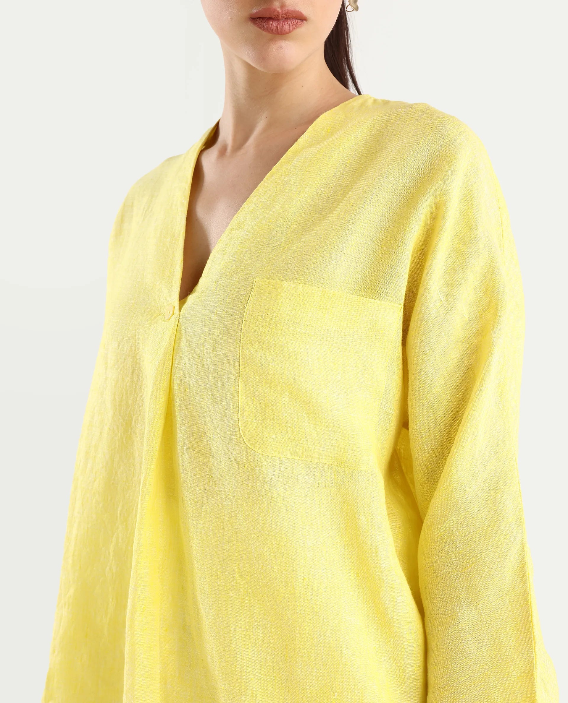 Rareism Women's Nenma Yellow 100% Linen Kimono Sleeve V-Neck Plain Top