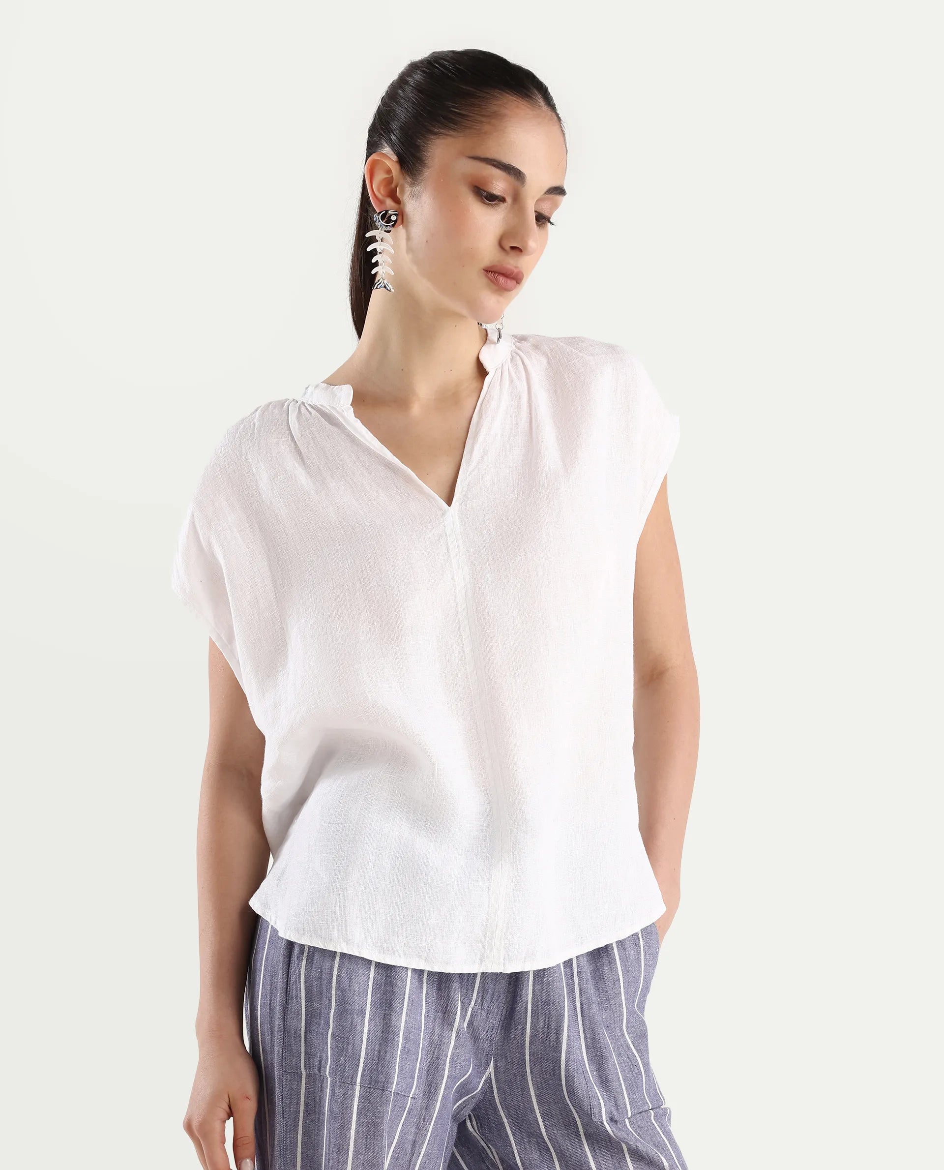 Rareism Women's Nenso White Linen Extended Sleeves Mandarin Collar Relaxed Fit Plain Top