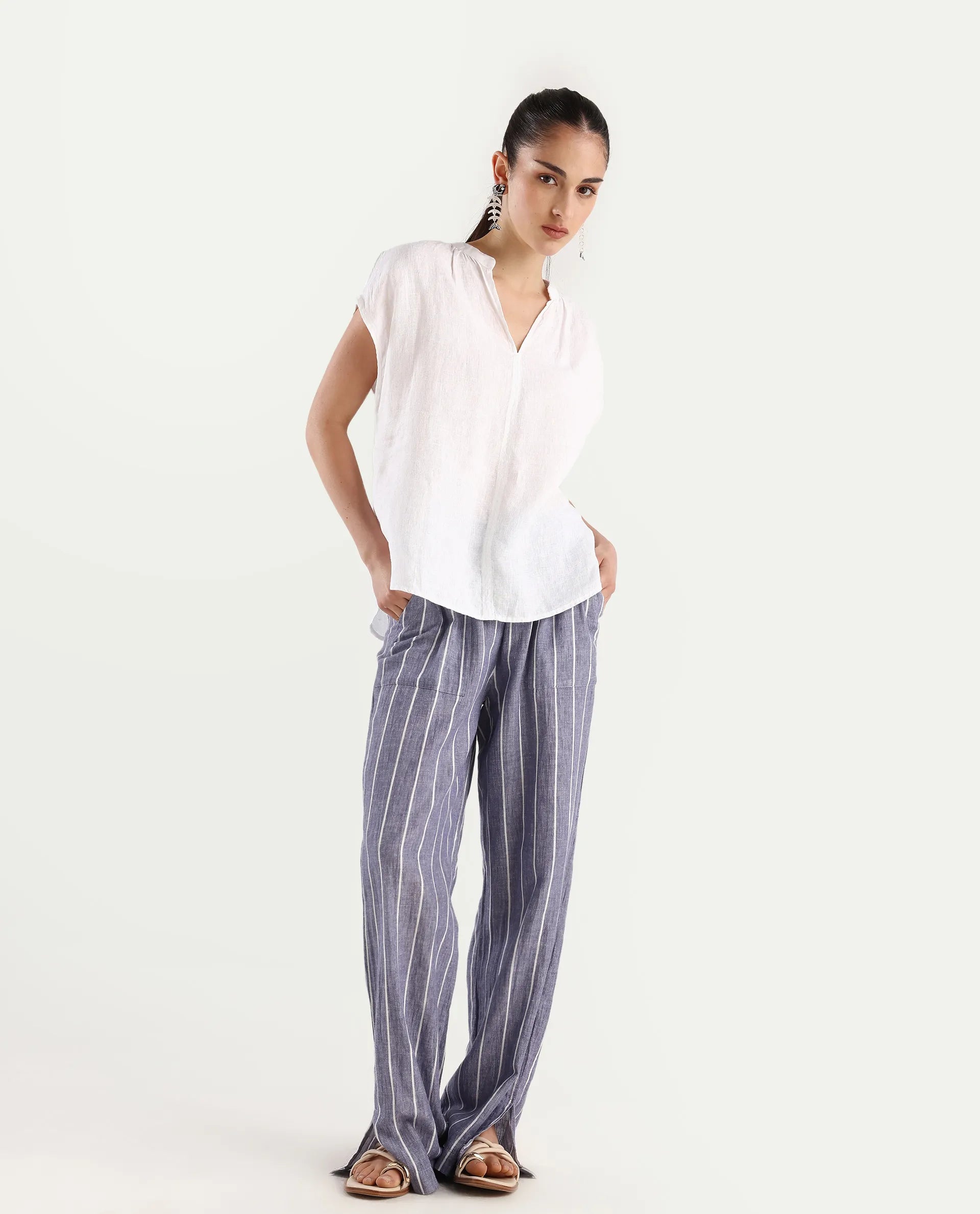 Rareism Women's Nenso White Linen Extended Sleeves Mandarin Collar Relaxed Fit Plain Top