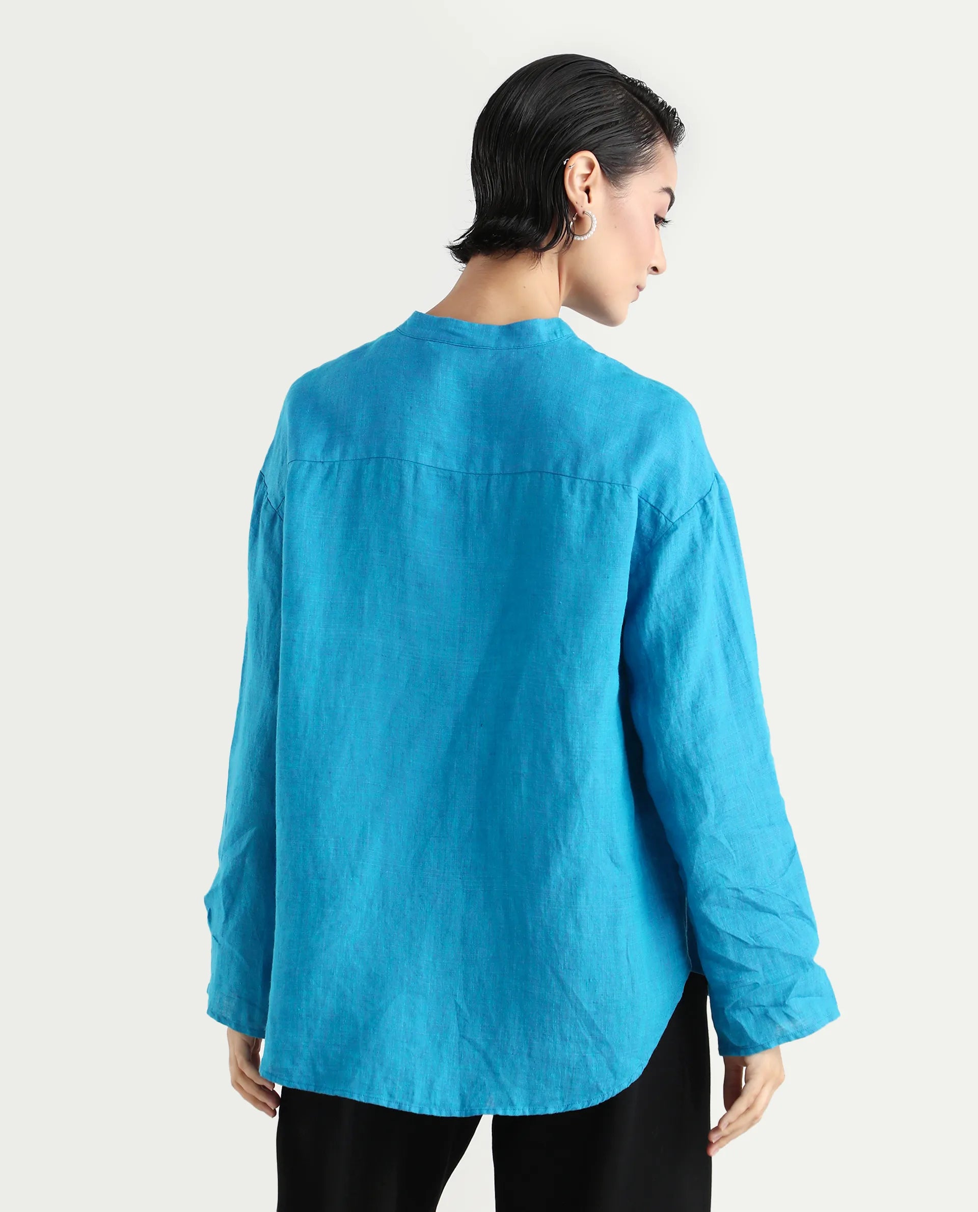 Rareism Women's Nent Blue Linen Mandarin Collar Regular Fit Top