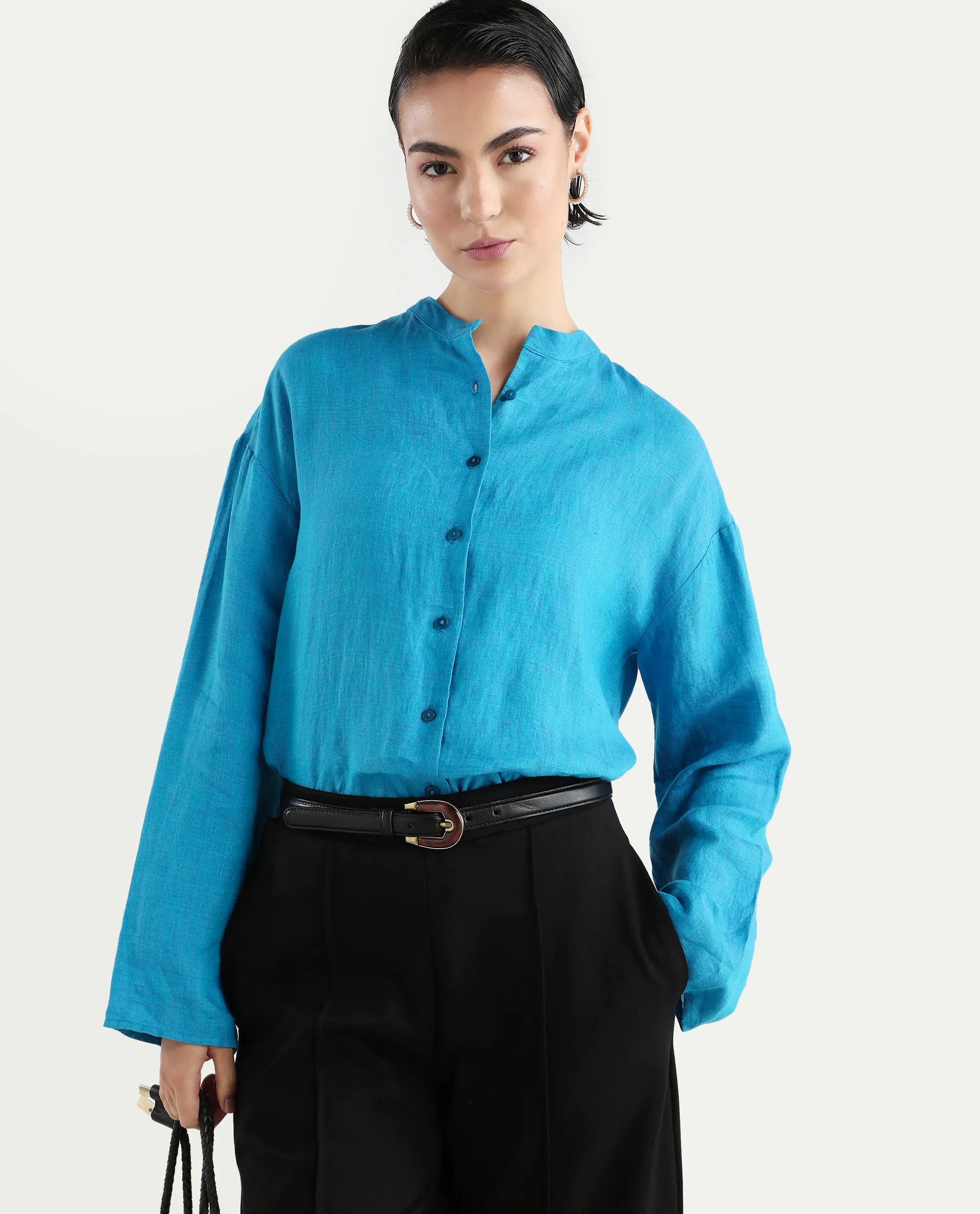 Rareism Women's Nent Blue Linen Mandarin Collar Regular Fit Top