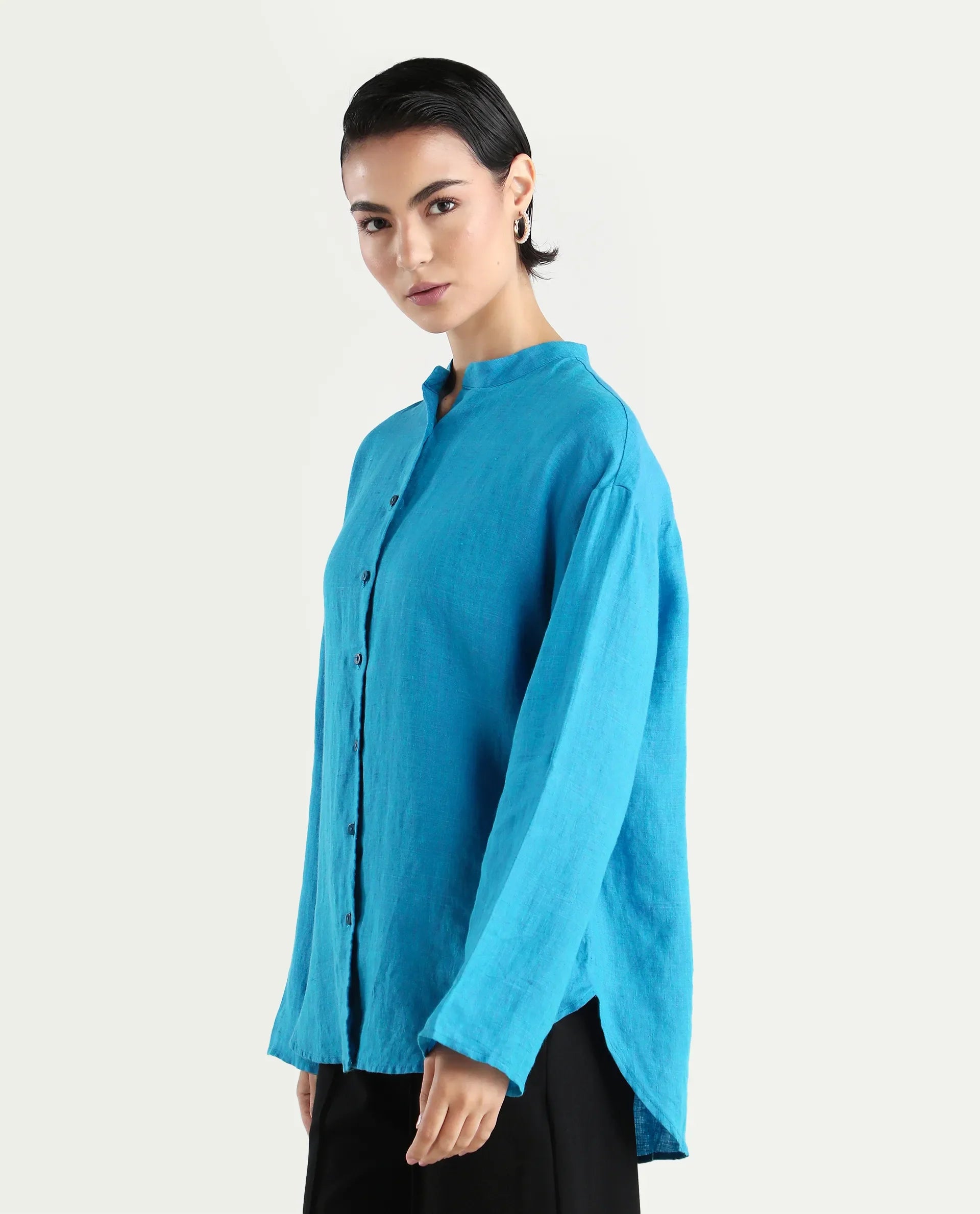 Rareism Women's Nent Blue 100% Linen Mandarin Collar Regular Fit Top