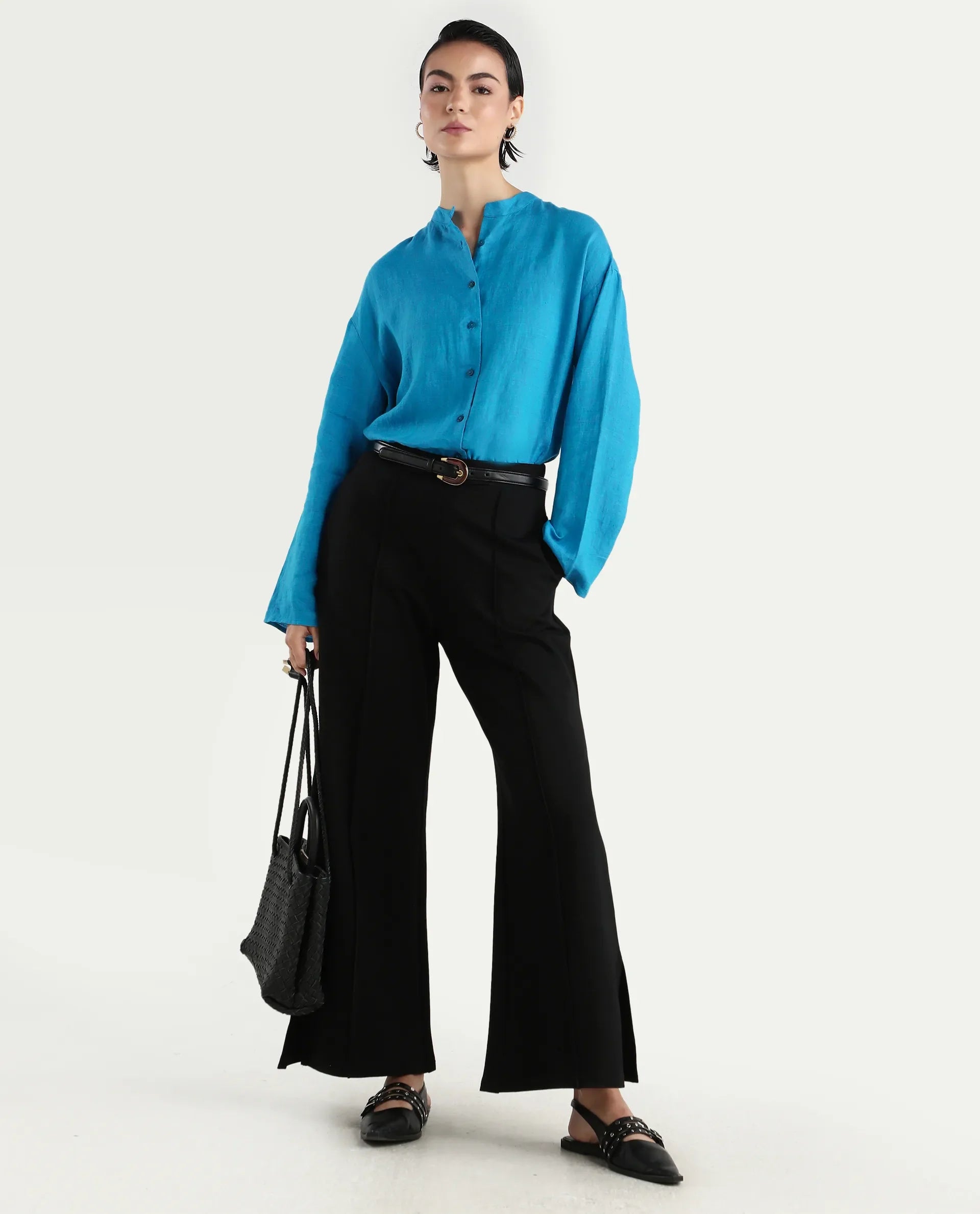 Rareism Women's Nent Blue Linen Mandarin Collar Regular Fit Top