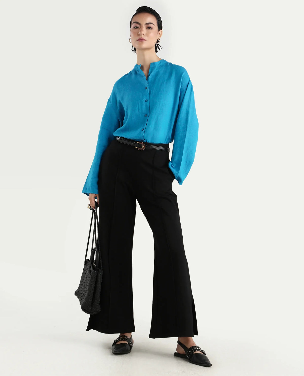 Rareism Women's Nent Blue 100% Linen Mandarin Collar Regular Fit Top