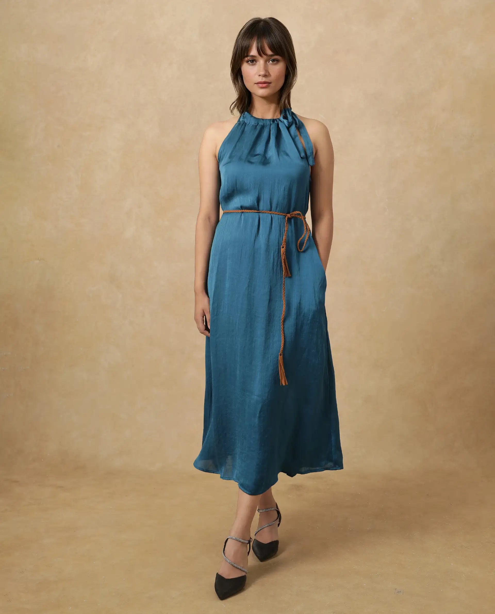 Rareism Women's Neoma Petrol Halter Neck Plain Sleeveless Midi A-Line Dress