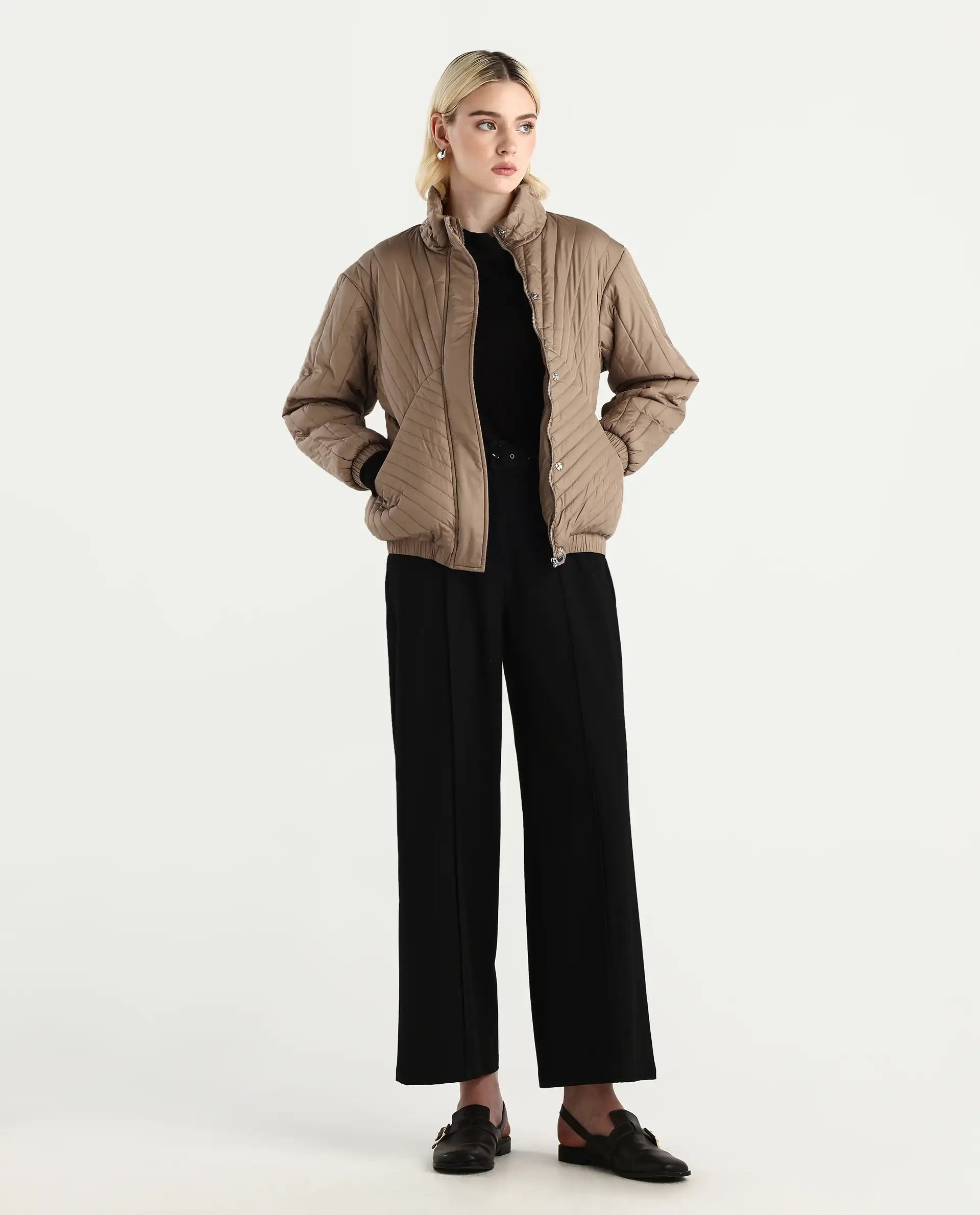 Rareism Women's Nepuf Beige Polyester Bishop Sleeve Crew Neck Regular Fit Plain Jacket