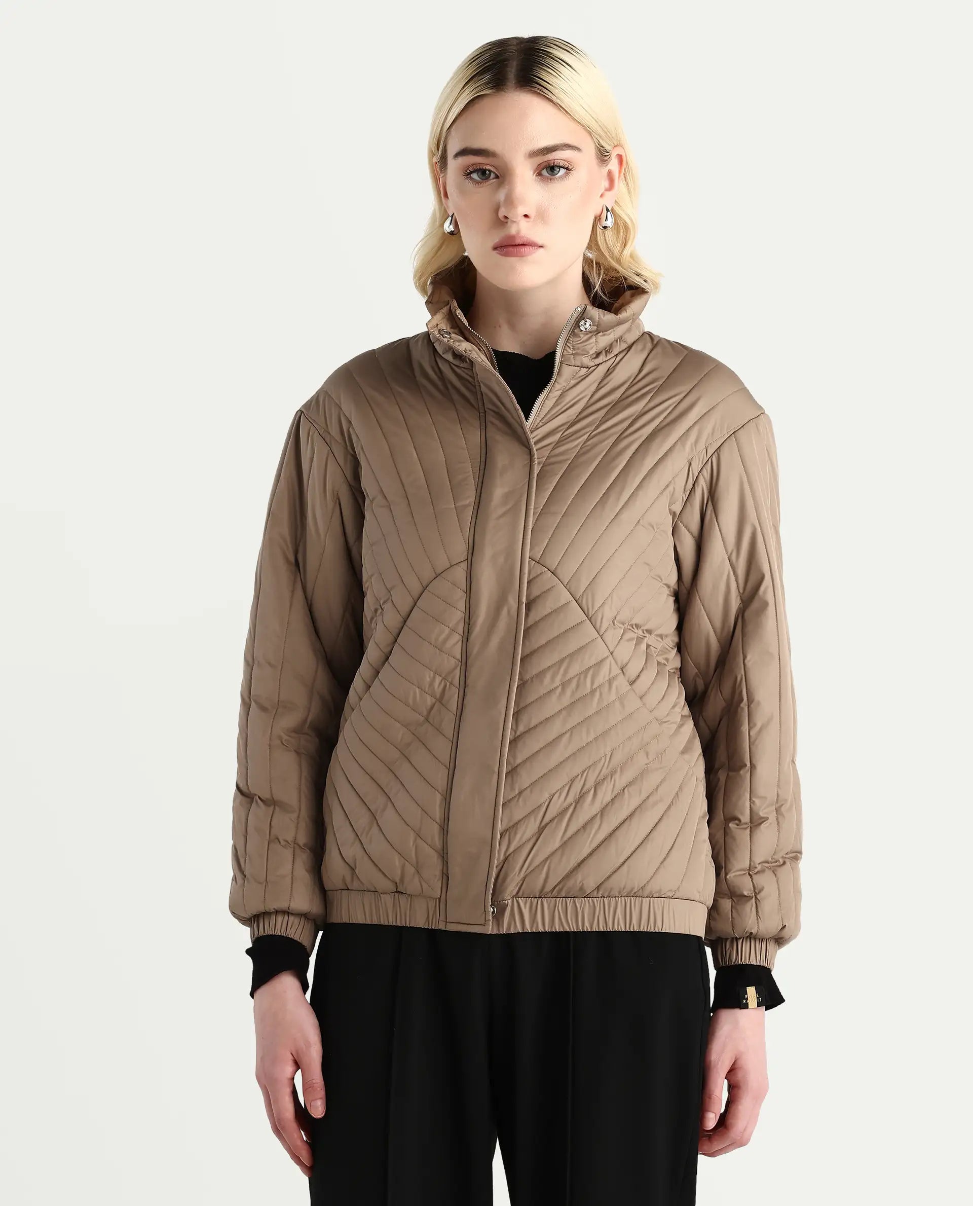 Rareism Women's Nepuf Beige Polyester Bishop Sleeve Crew Neck Regular Fit Plain Jacket