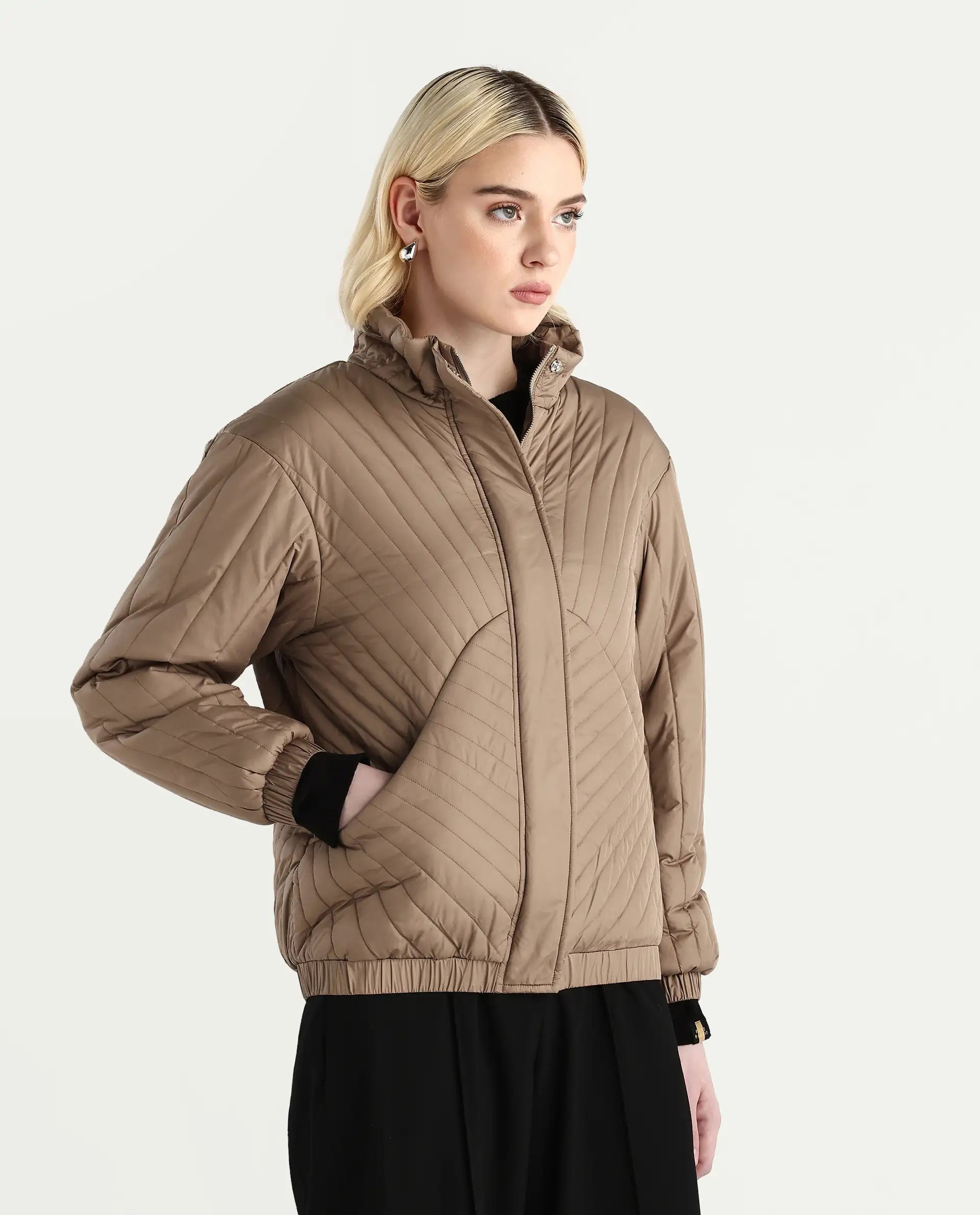 Rareism Women's Nepuf Beige Polyester Bishop Sleeve Crew Neck Regular Fit Plain Jacket