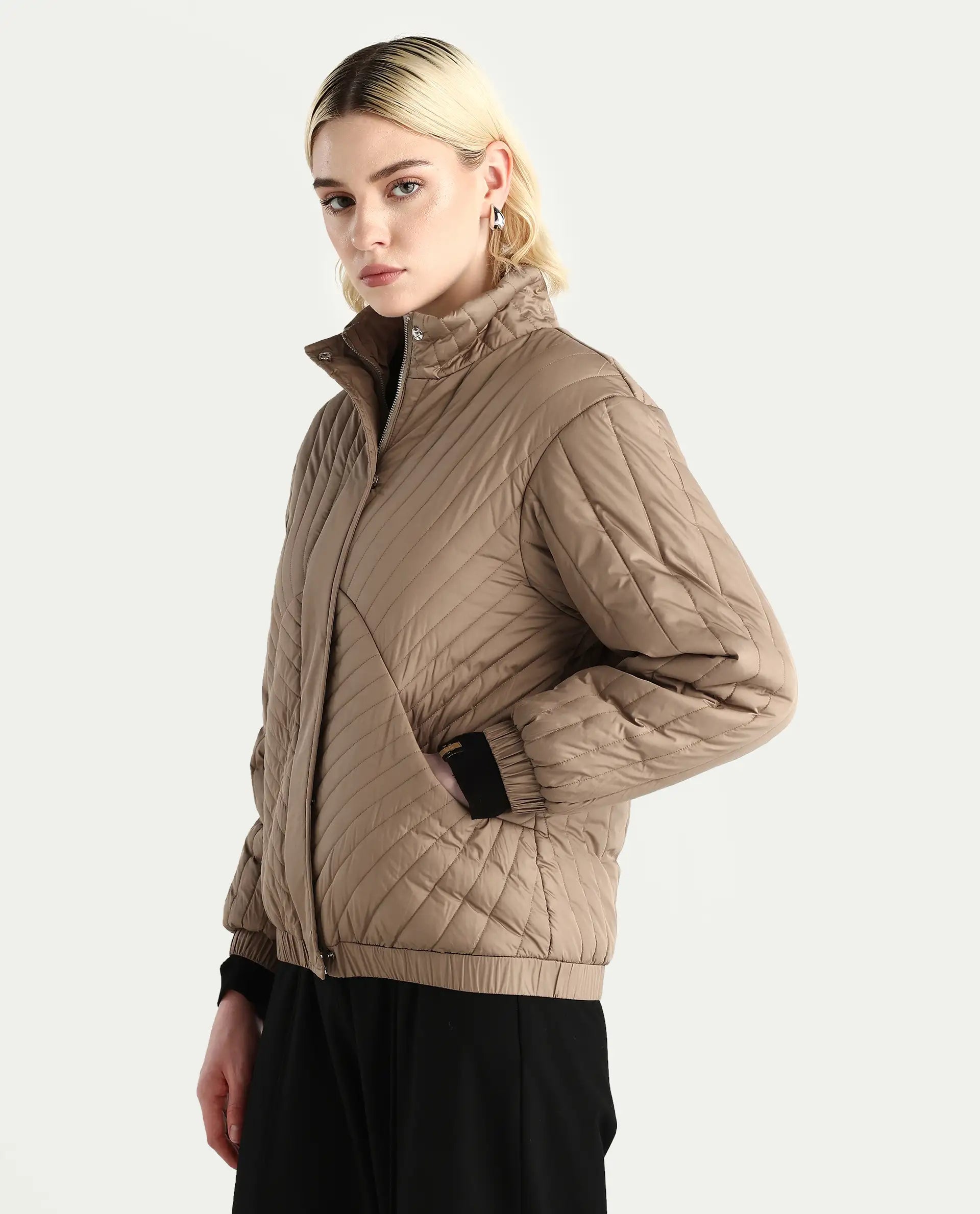 Rareism Women's Nepuf Beige Polyester Bishop Sleeve Crew Neck Regular Fit Plain Jacket