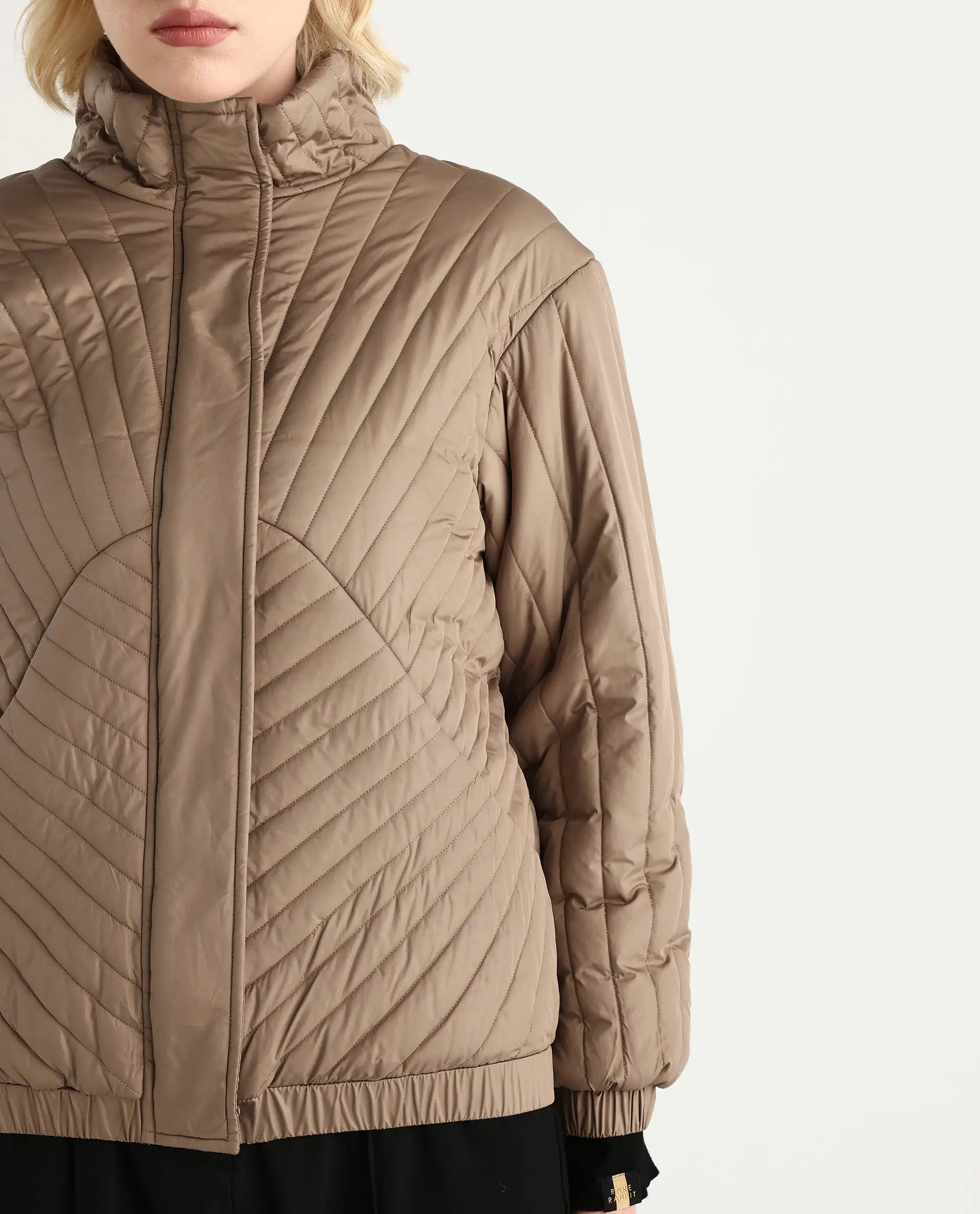 Rareism Women's Nepuf Beige Polyester Bishop Sleeve Crew Neck Regular Fit Plain Jacket