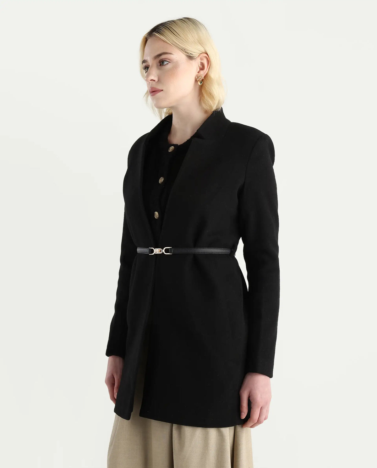 Rareism Women's Nexmario Black Polyester Blend Collared Neck Coat Fit Coat