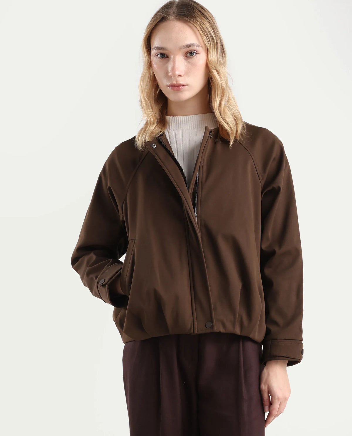 Rareism Women's Nira Coffee Polyester Crew Neck Relaxed Fit Jacket