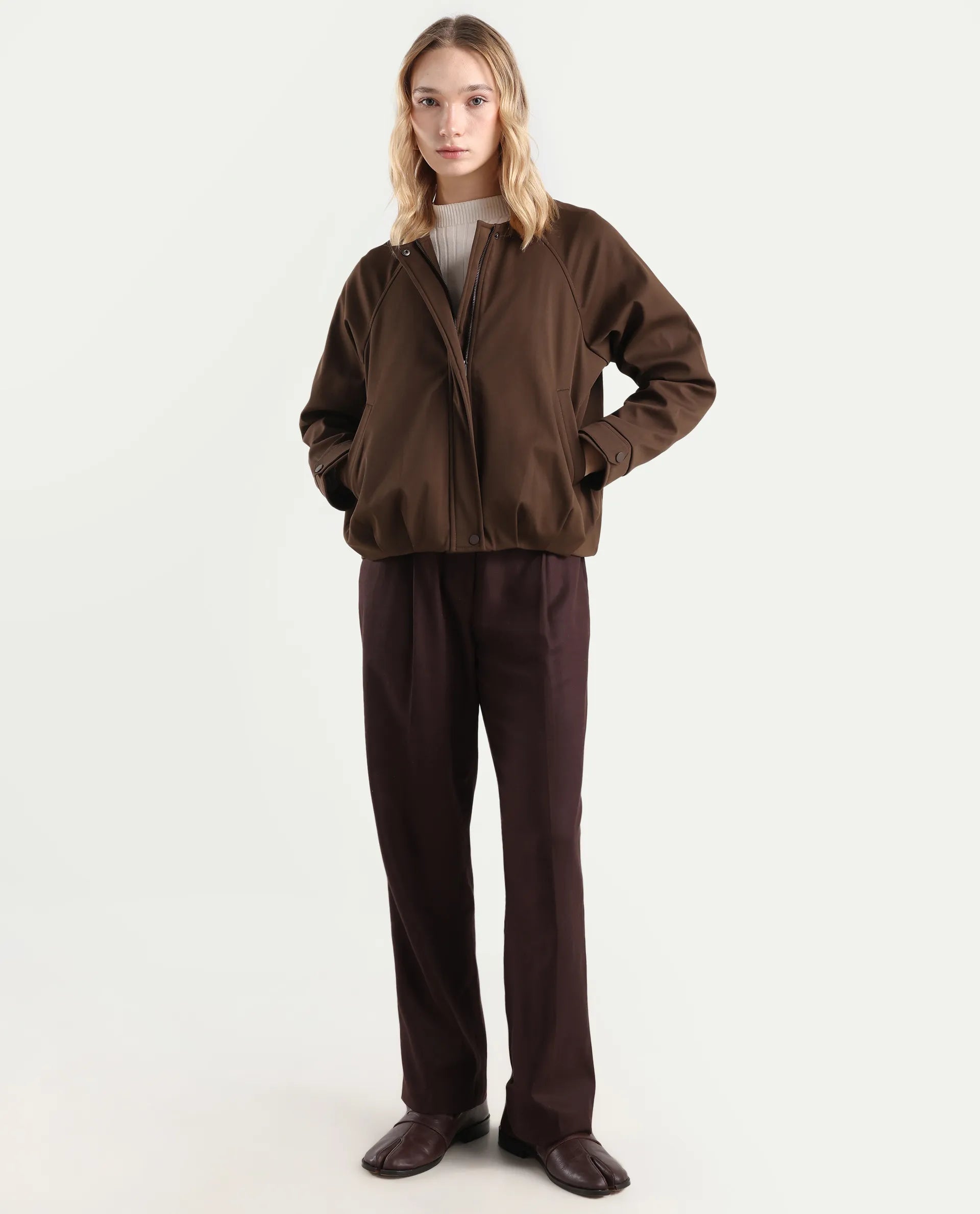 Rareism Women's Nira Coffee Polyester Crew Neck Relaxed Fit Jacket