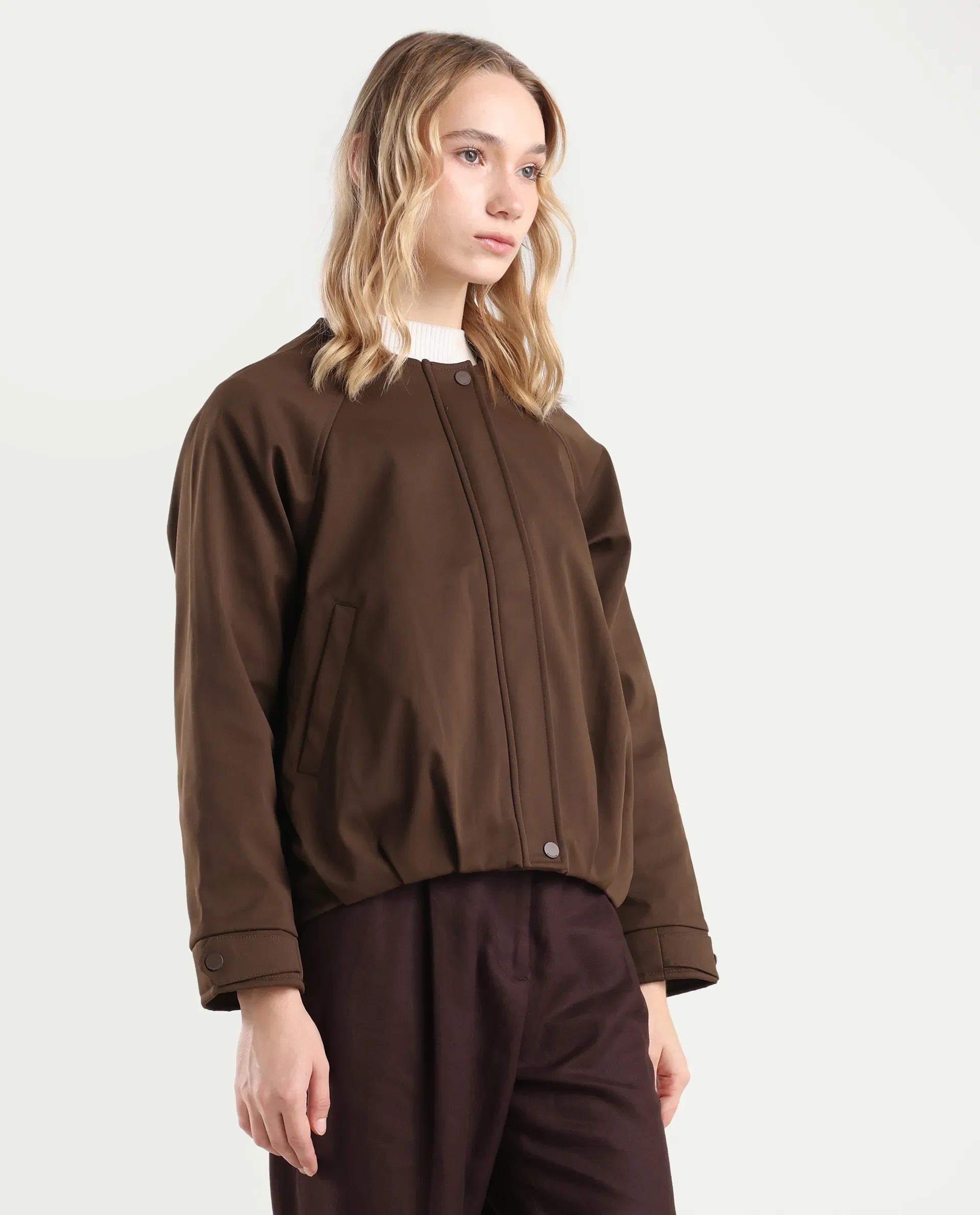 Rareism Women's Nira Coffee Polyester Crew Neck Relaxed Fit Jacket