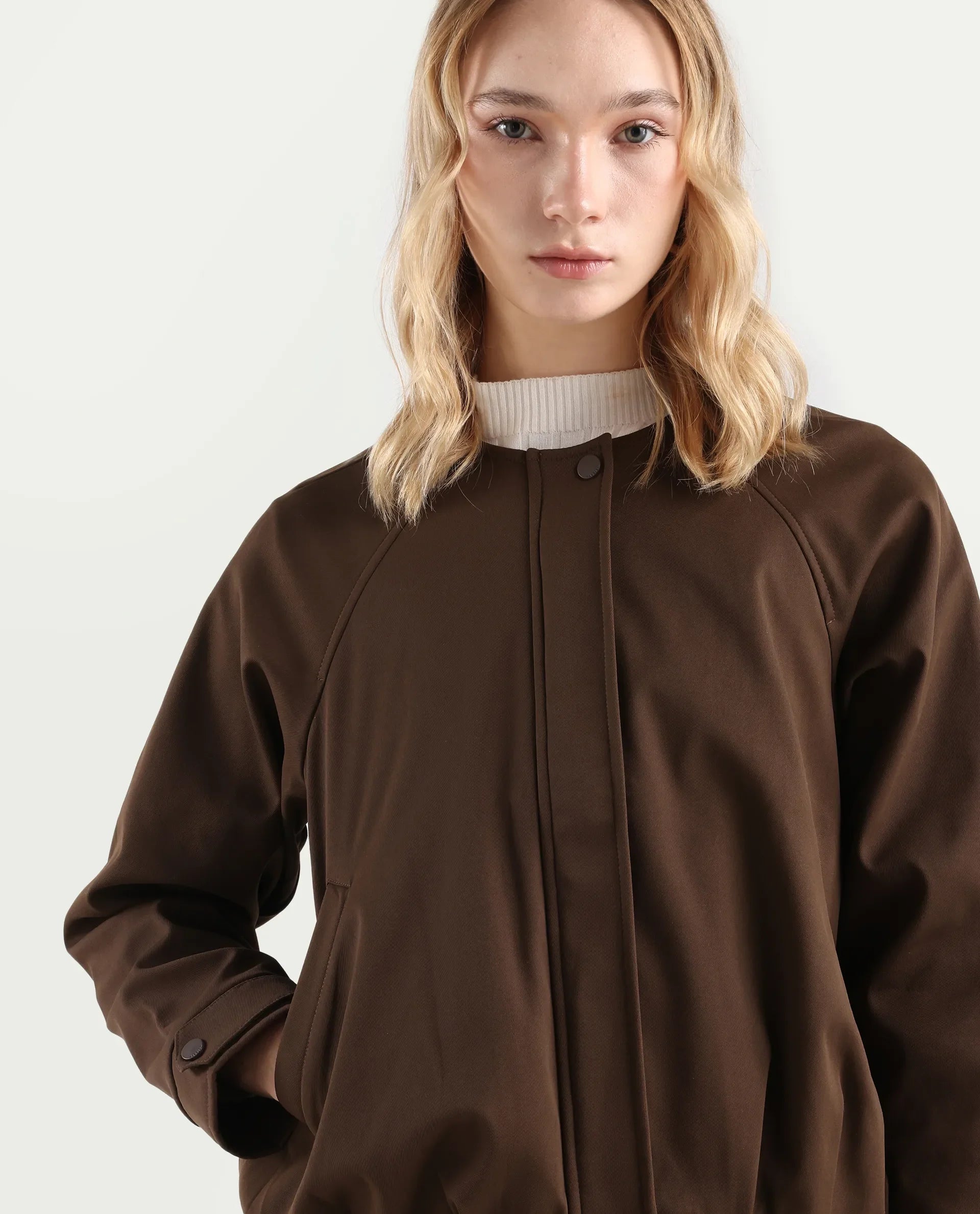 Rareism Women's Nira Coffee Polyester Crew Neck Relaxed Fit Jacket
