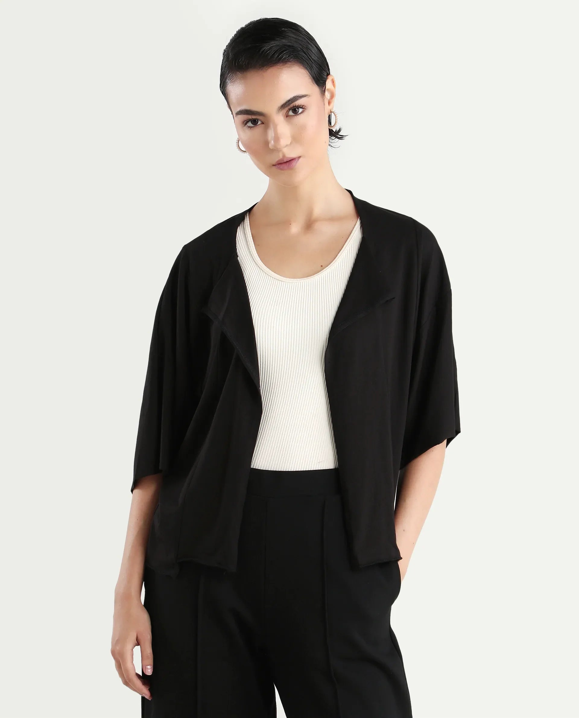 Rareism Women's Nirv Black Cotton Collarless Plain Relaxed Fit Shrug