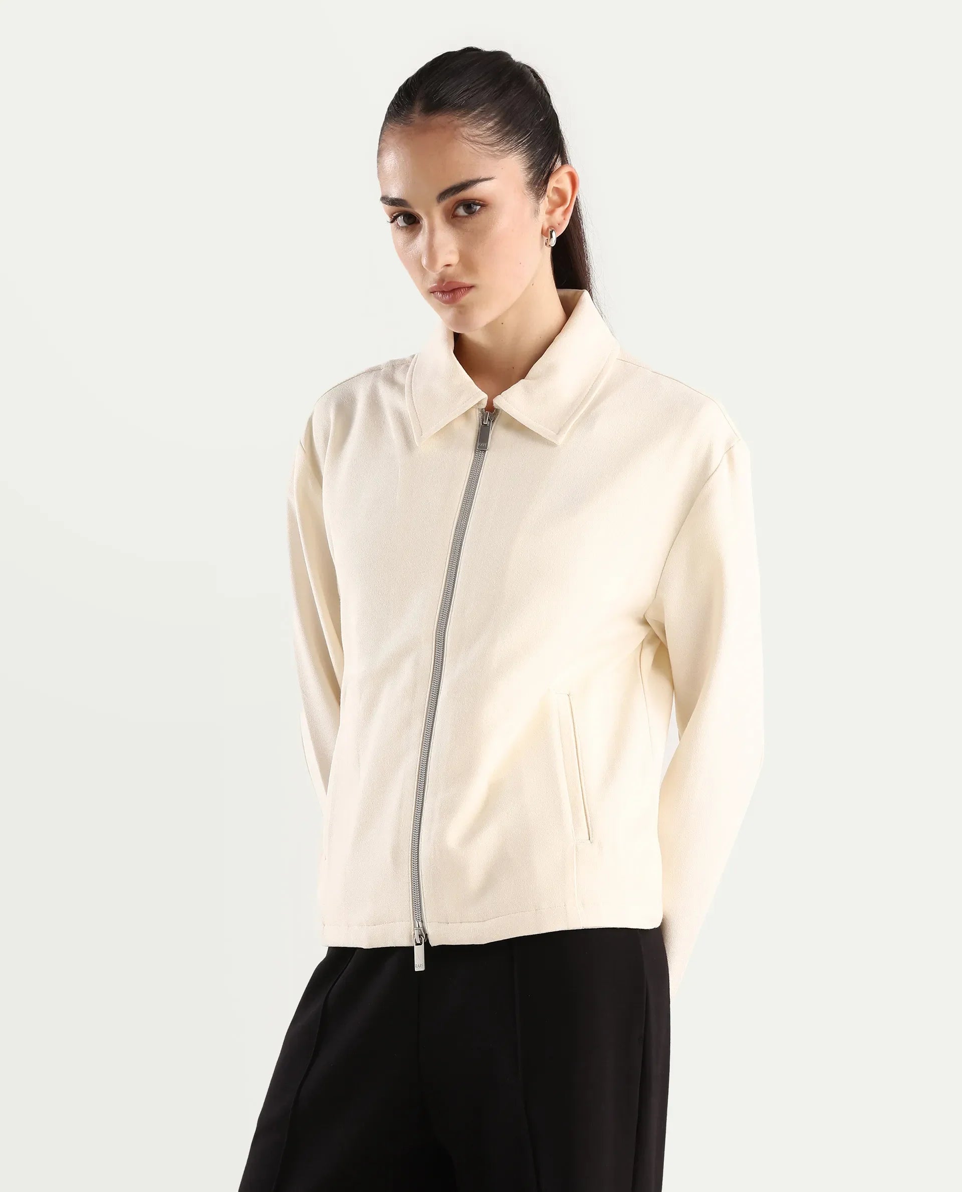 Rareism Women's Nizlo Off White Polyester Blend Spread Collar Regular Plain Jacket