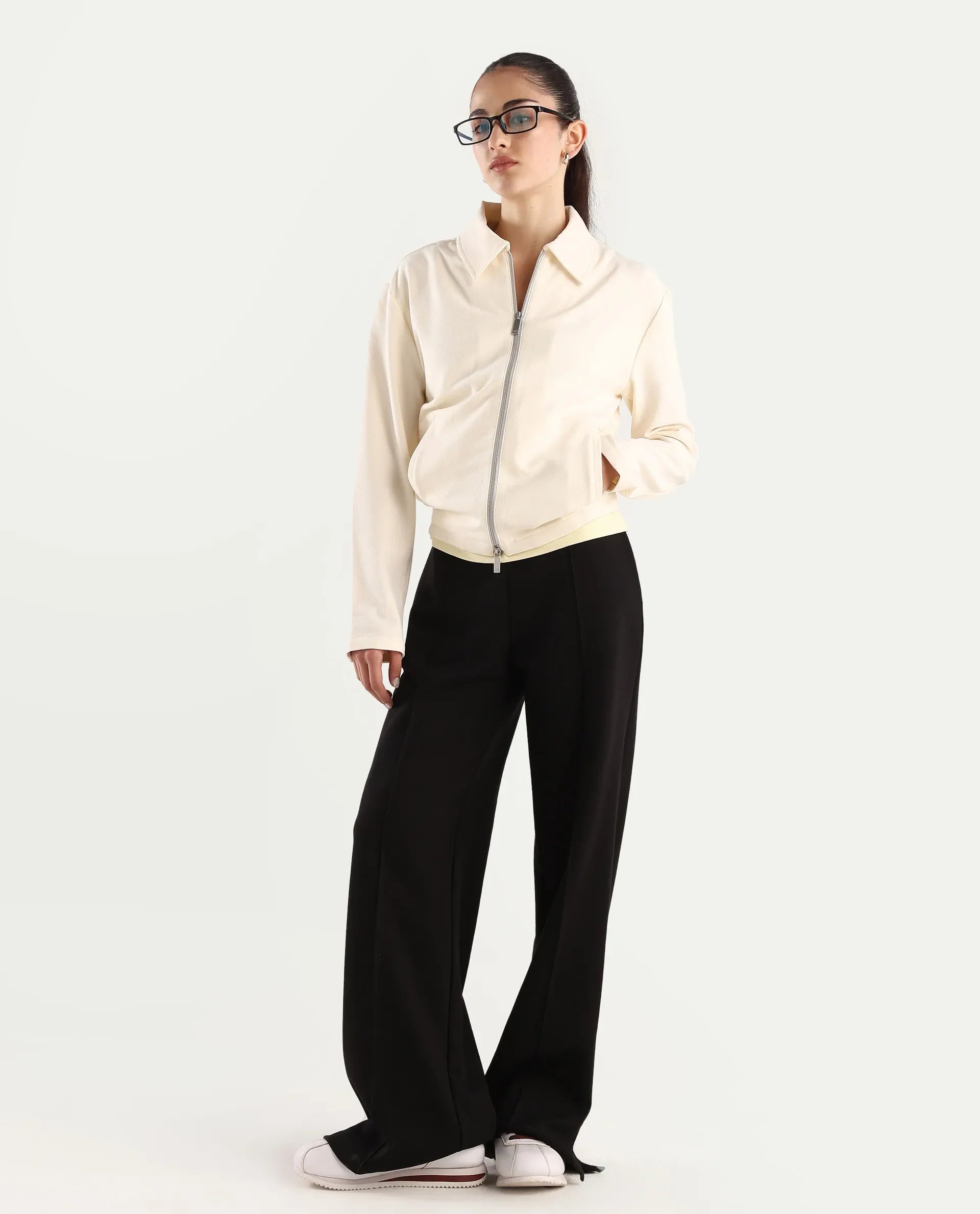 Rareism Women's Nizlo Off White Polyester Blend Spread Collar Regular Plain Jacket