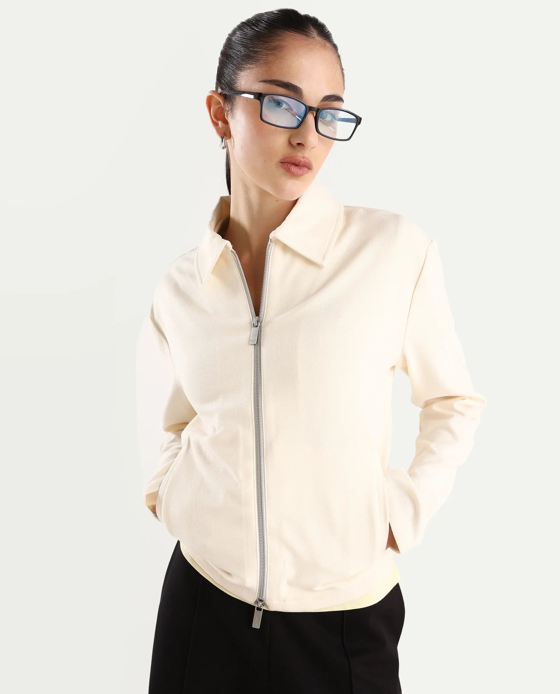 Rareism Women's Nizlo Off White Polyester Blend Spread Collar Regular Plain Jacket