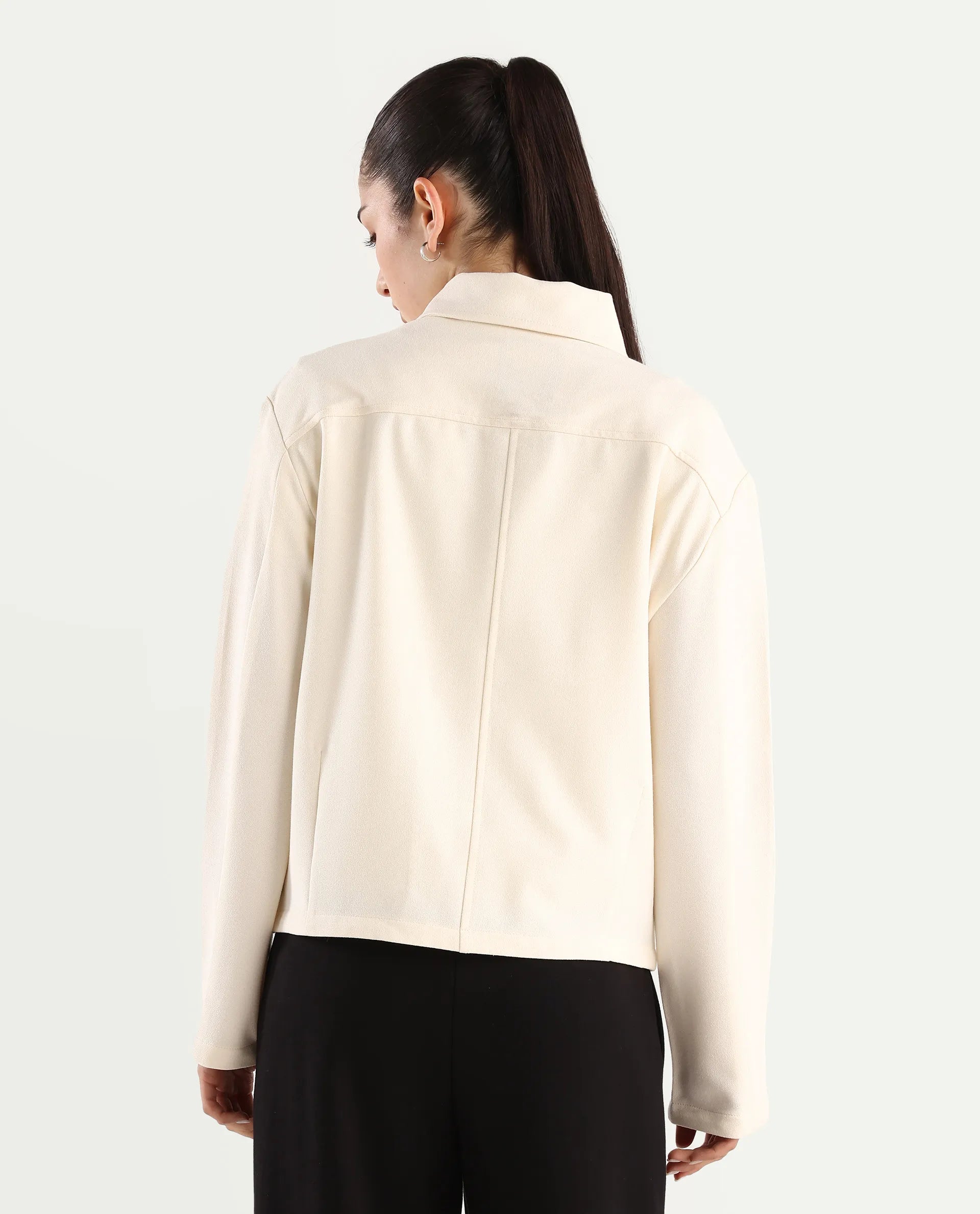 Rareism Women's Nizlo Off White Polyester Blend Spread Collar Regular Plain Jacket