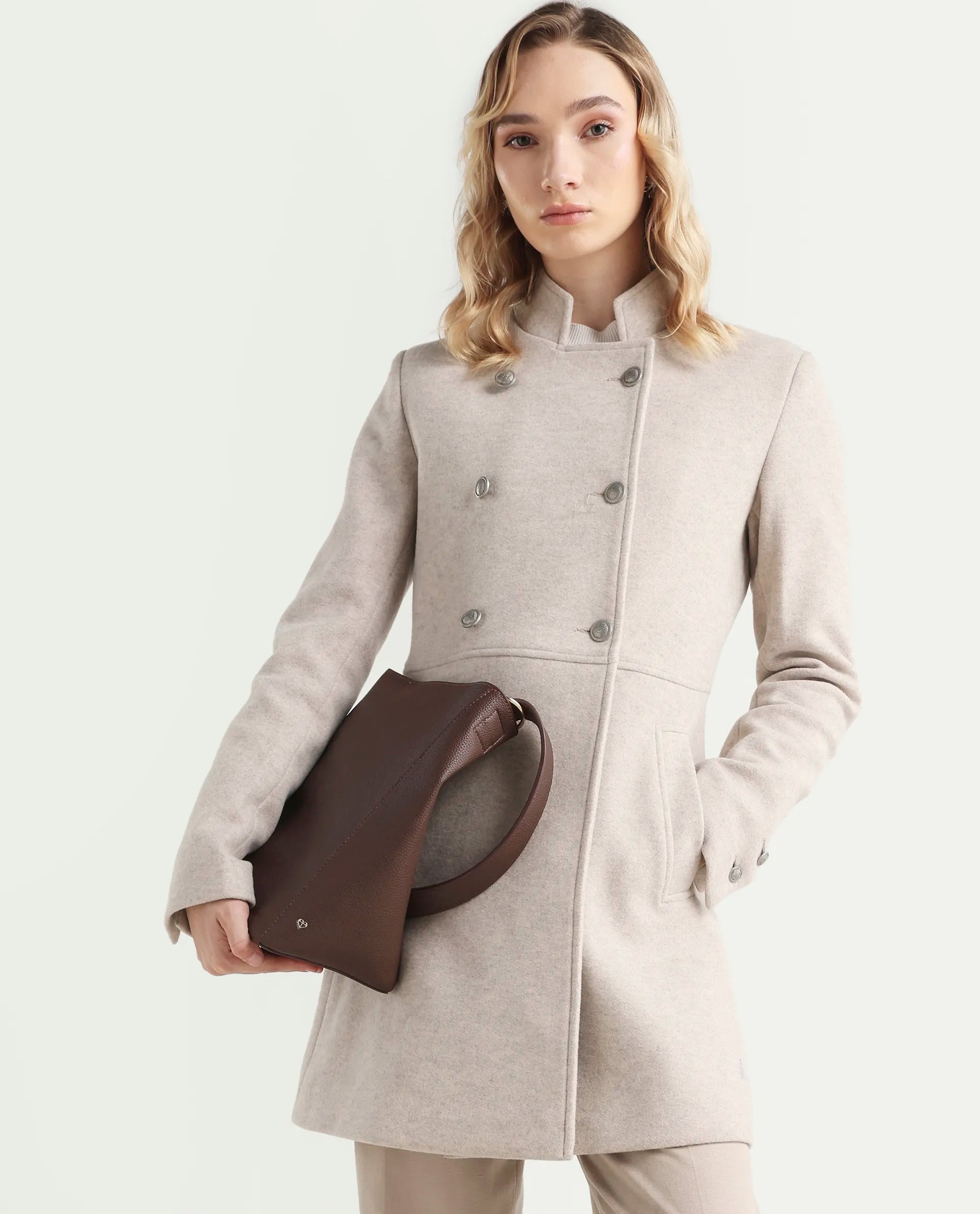 Rareism Women's Norint Beige Polyester Blend Mandarin Collar Fitted Coat