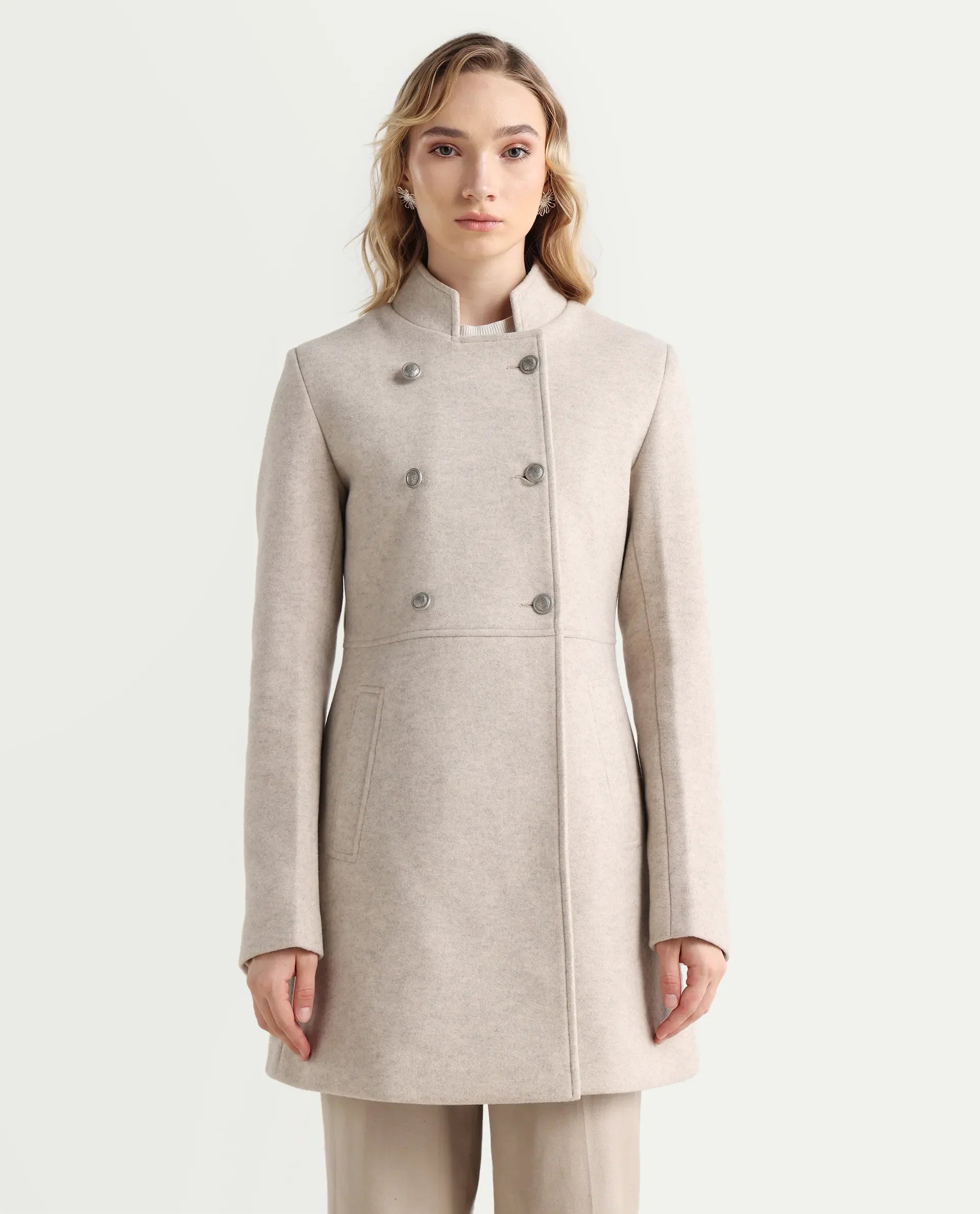 Rareism Women's Norint Beige Polyester Blend Mandarin Collar Fitted Coat