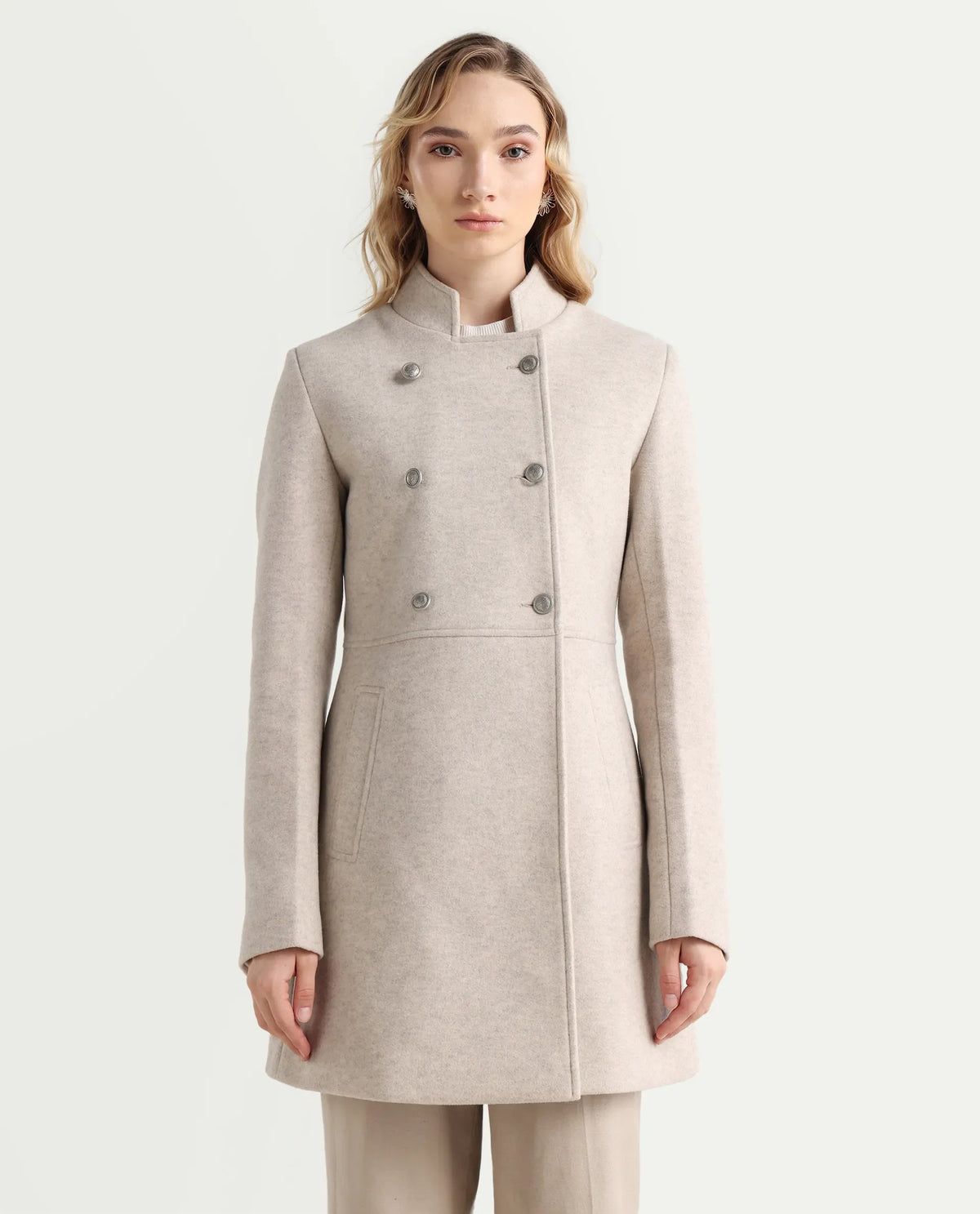 Rareism Women's Norint Beige Polyester Blend Mandarin Collar Fitted Coat