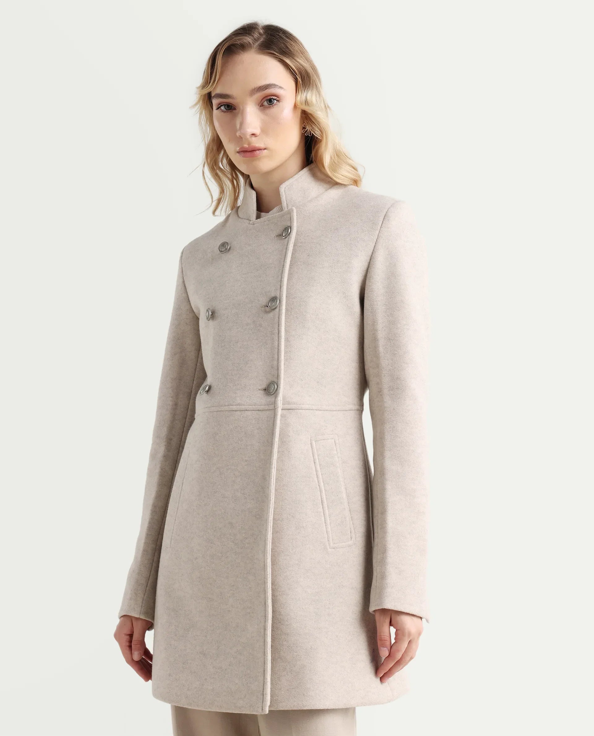Rareism Women's Norint Beige Polyester Blend Mandarin Collar Fitted Coat