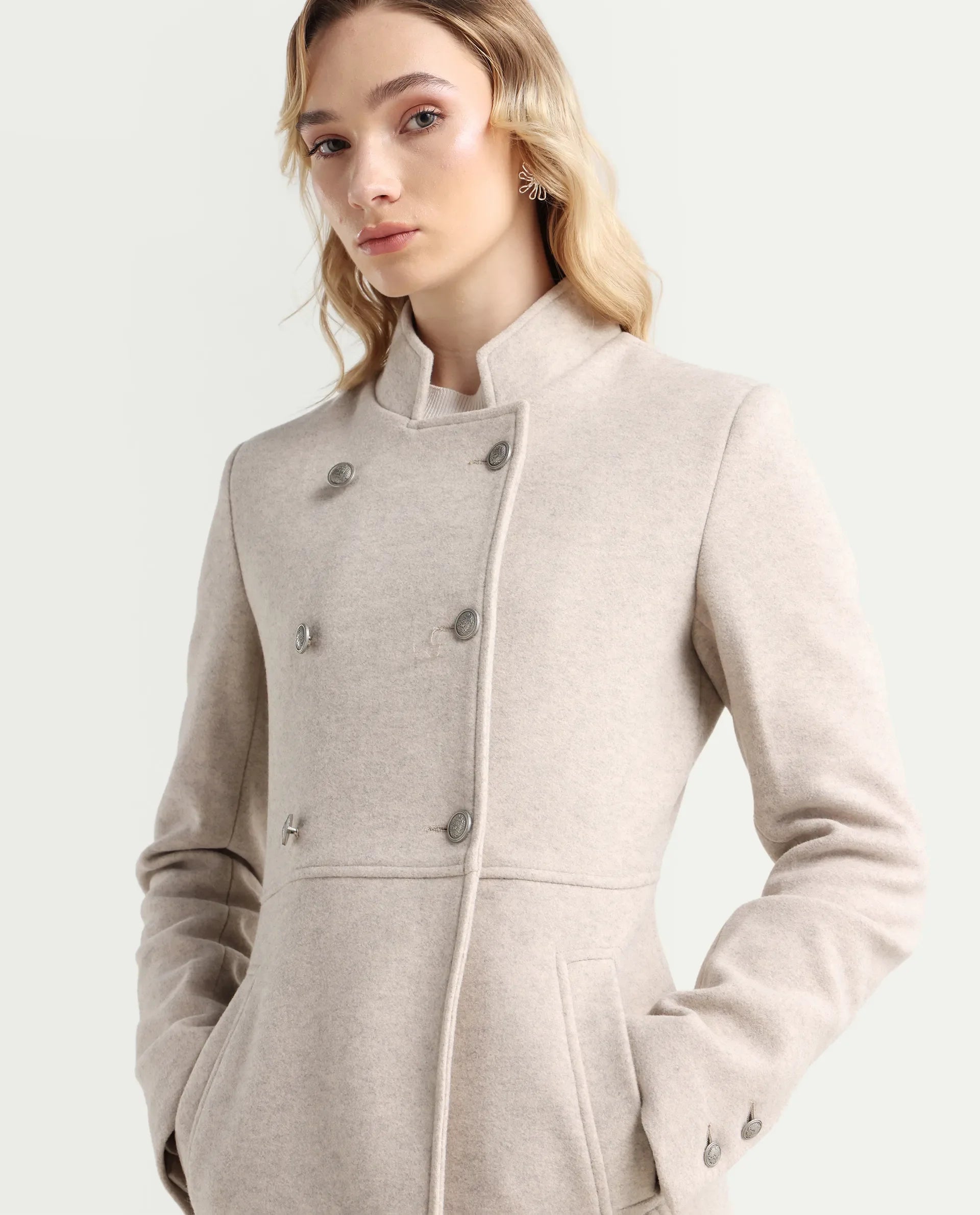Rareism Women's Norint Beige Polyester Blend Mandarin Collar Fitted Coat