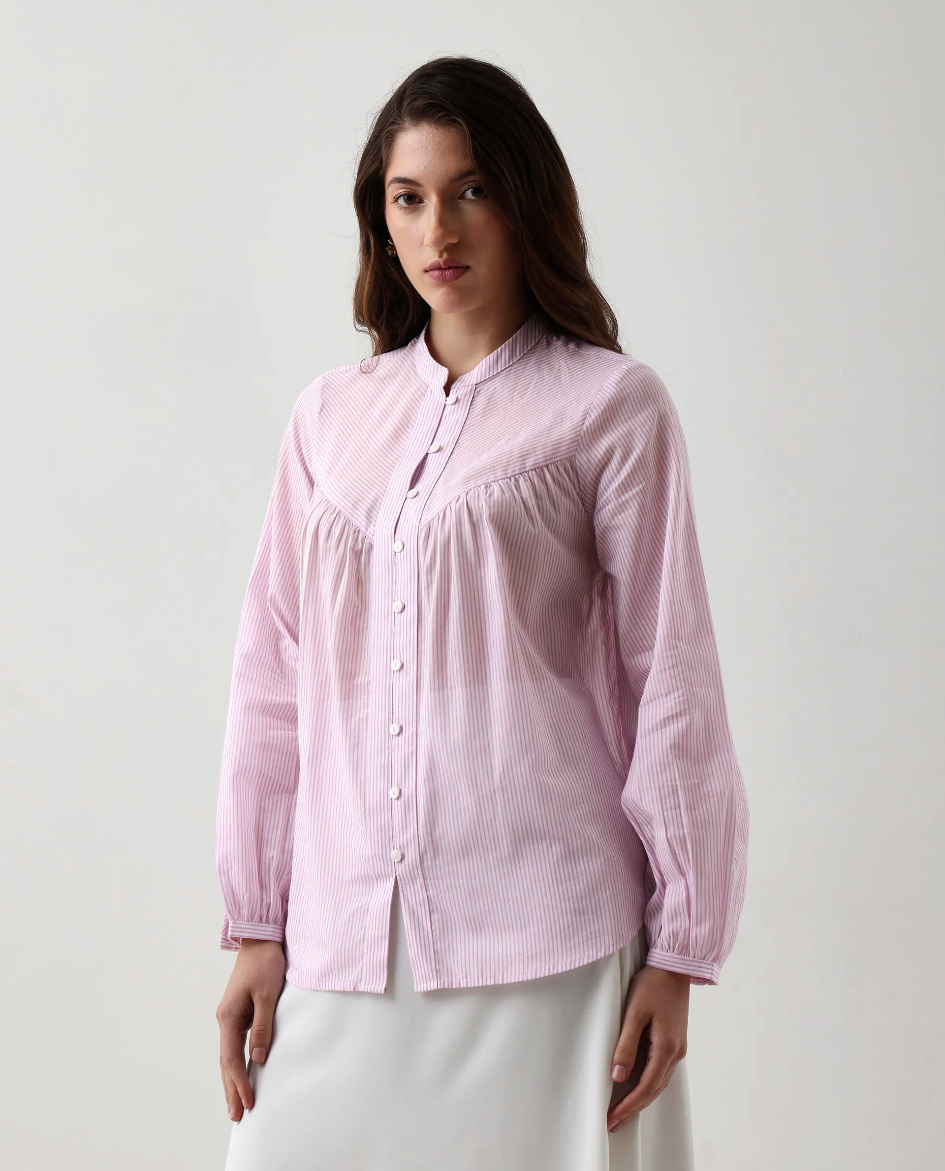 Rareism Women's Nubelo Purple Cotton Mandarin Collar Regular Fit Top