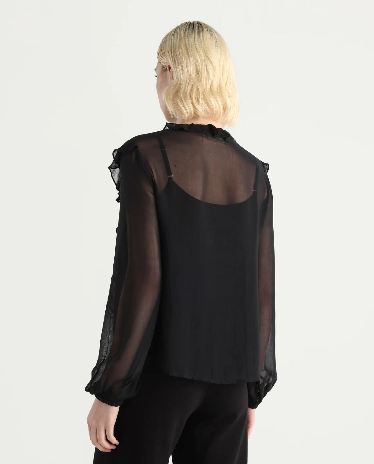 Rareism Women's Nubin Black Polyester Bishop Sleeve Ruffled Neck Regular Fit Plain Top