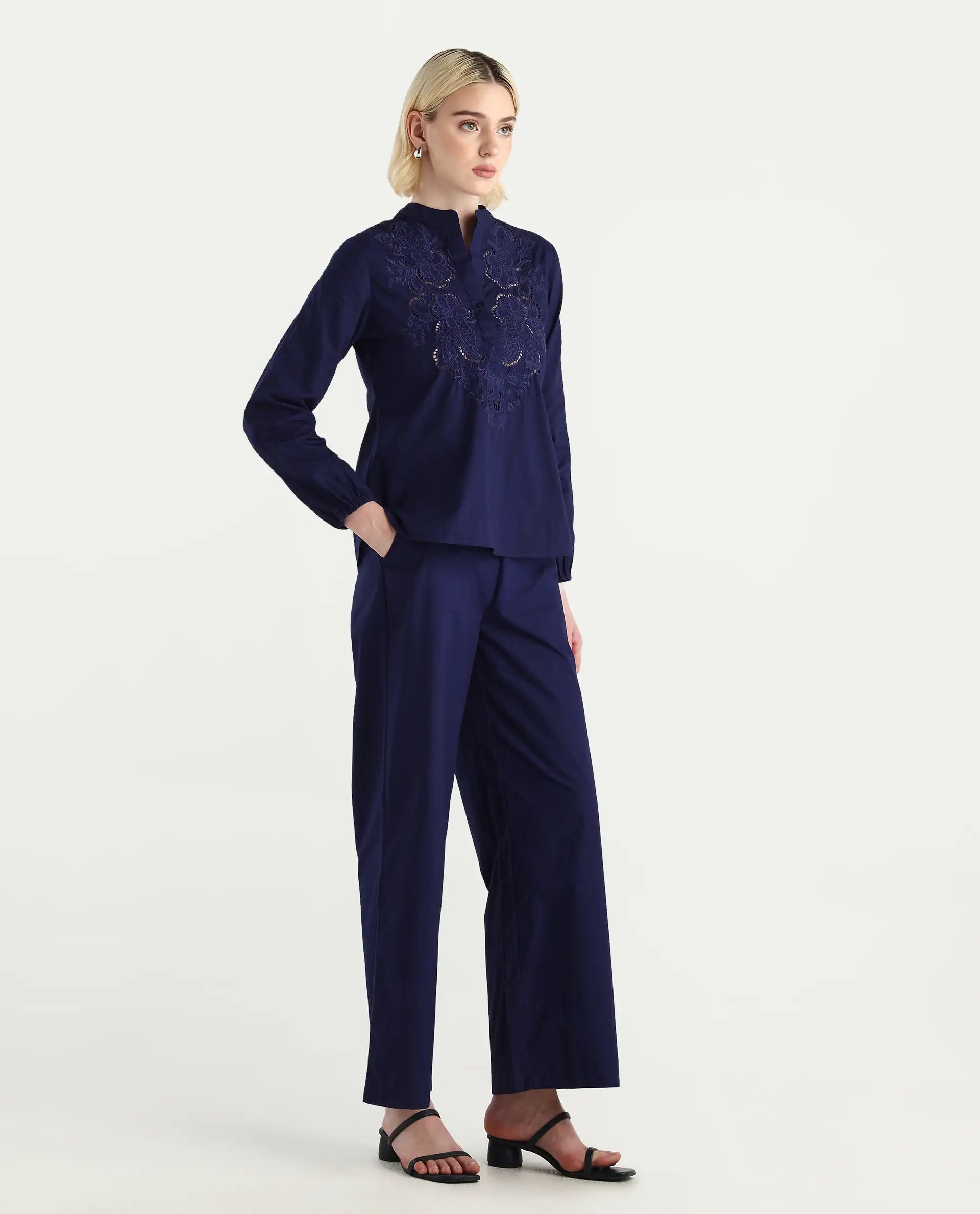 Rareism Women's Nucut-B Navy 100% Cotton Straight Fit Trouser