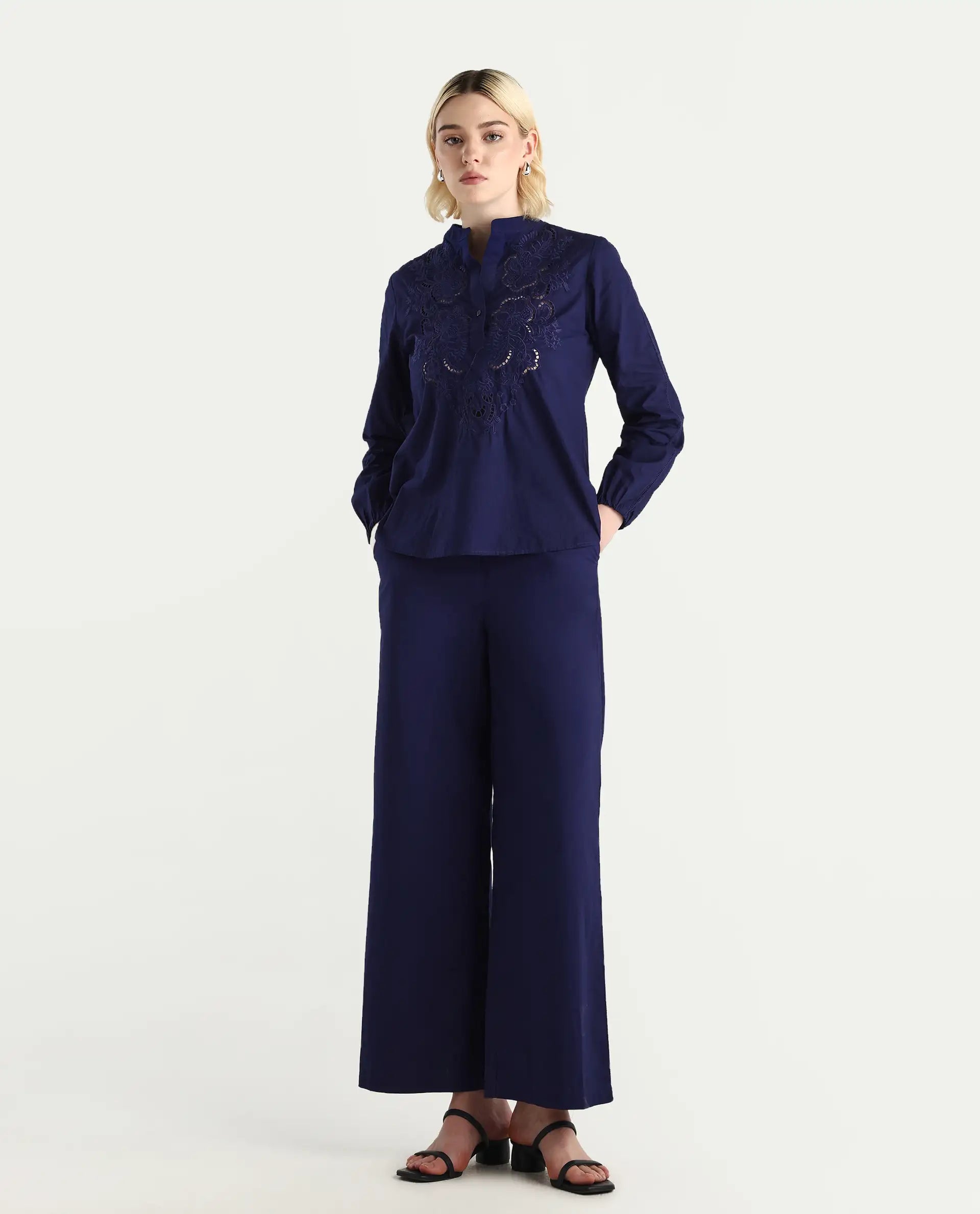 Rareism Women's Nucut-B Navy 100% Cotton Straight Fit Trouser